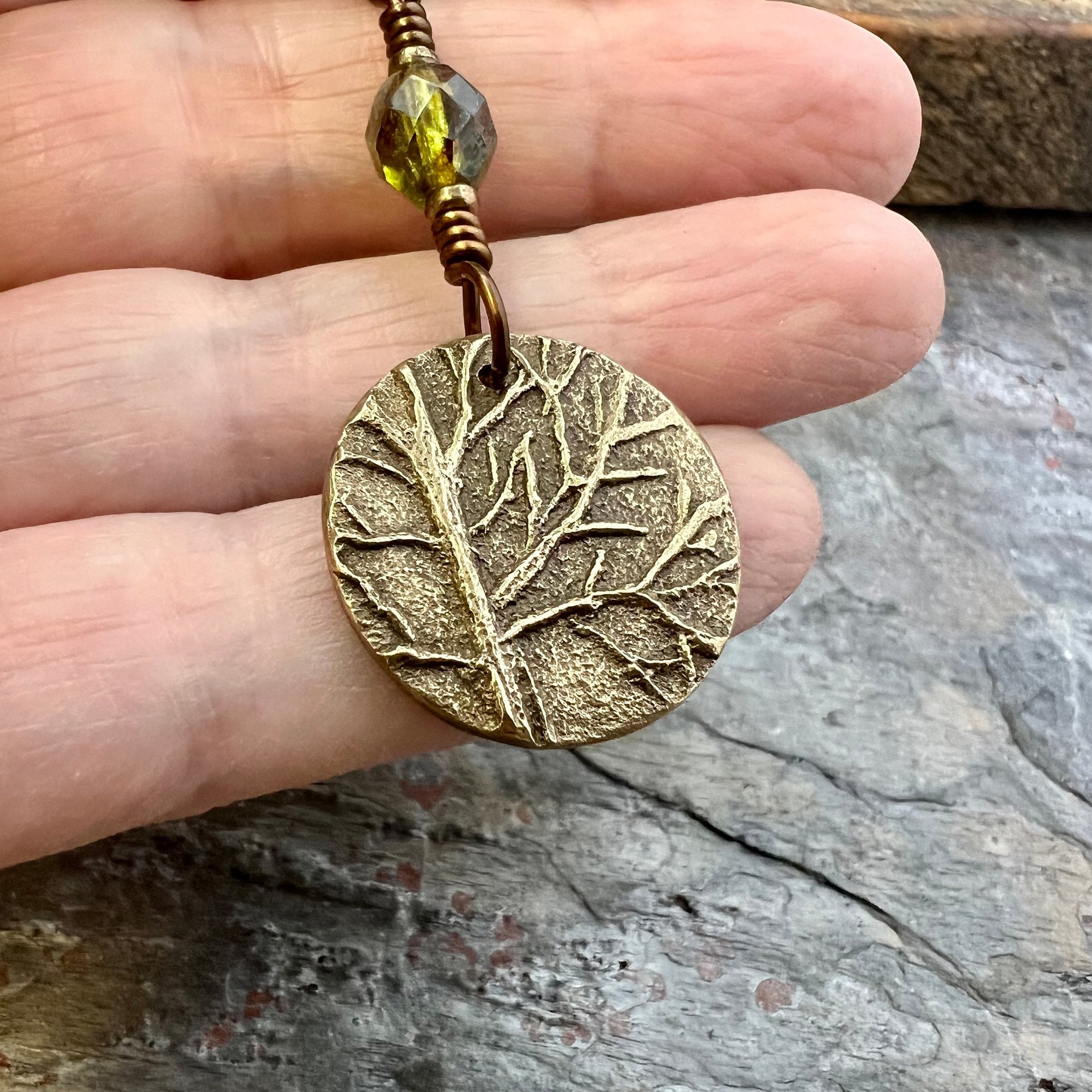 Tree of Life Charm, Bronze Necklace, Tree Branches, Czech Glass Bead, Disc Charm Pendant, Hand Carved, Celtic Witch, Pagan Druid, Earth Love
