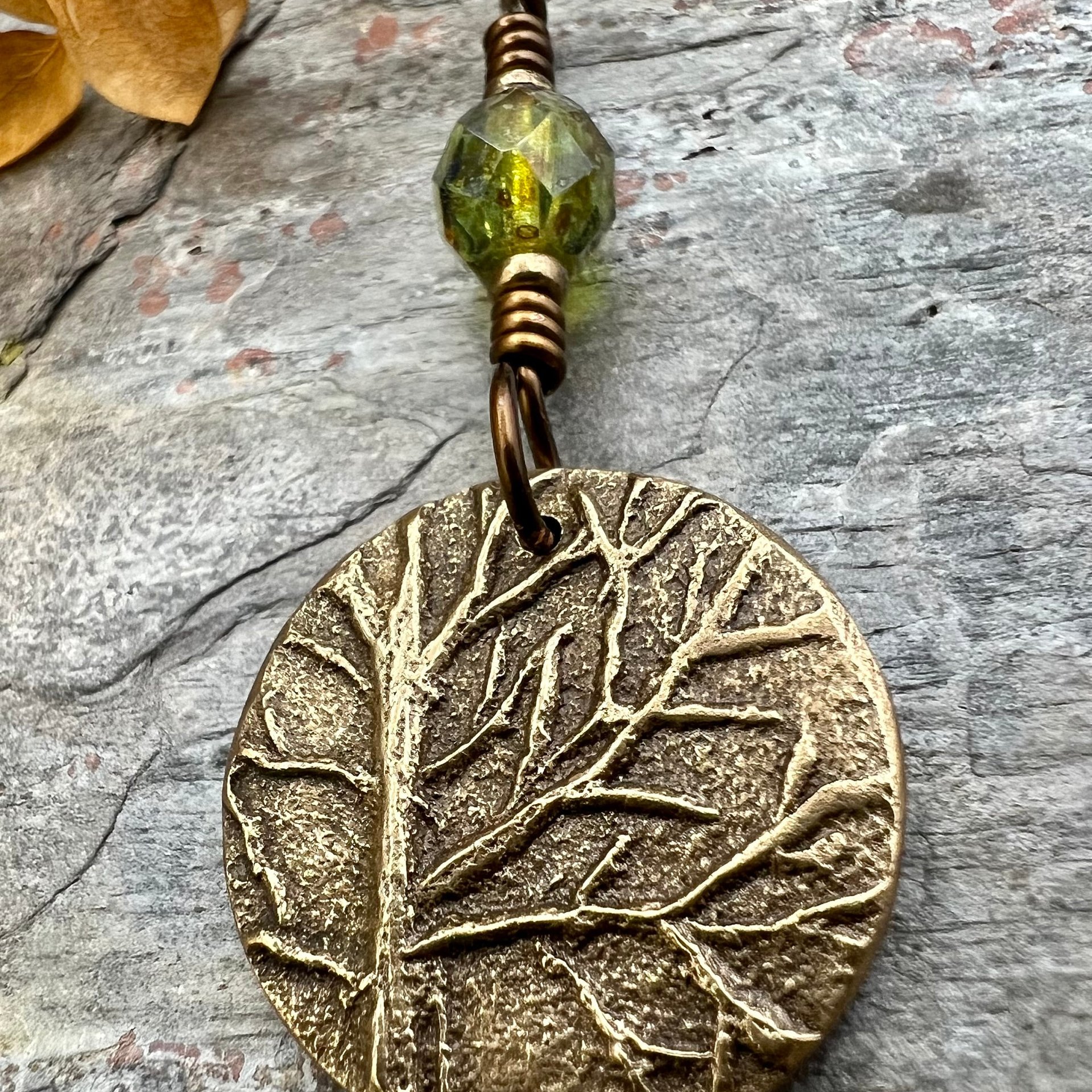 Tree of Life Charm, Bronze Necklace, Tree Branches, Czech Glass Bead, Disc Charm Pendant, Hand Carved, Celtic Witch, Pagan Druid, Earth Love