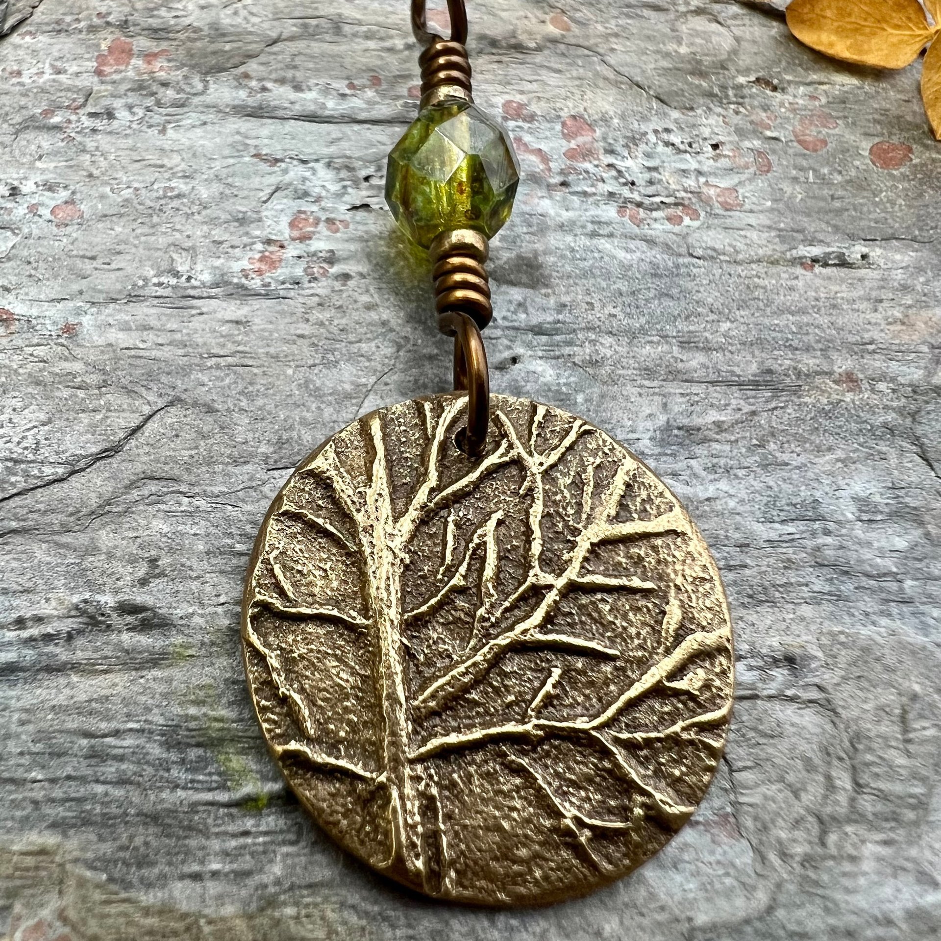 Tree of Life Charm, Bronze Necklace, Tree Branches, Czech Glass Bead, Disc Charm Pendant, Hand Carved, Celtic Witch, Pagan Druid, Earth Love