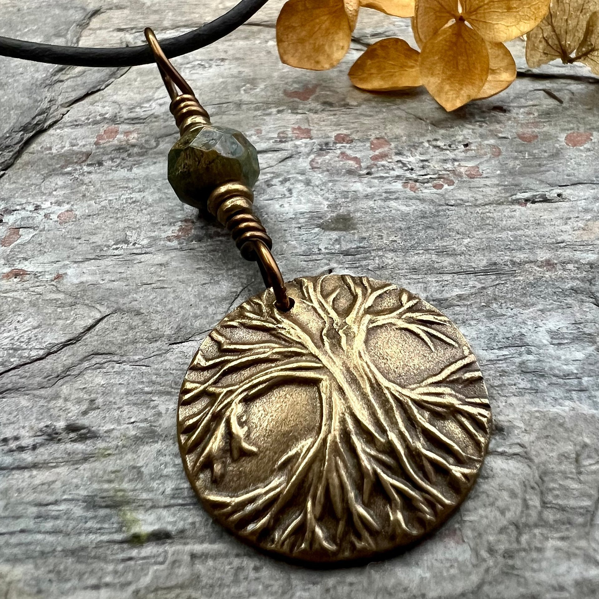 Tree of Life Charm, Bronze Necklace, Tree Branches, Czech Glass Bead, Disc Charm Pendant, Hand Carved, Celtic Witch, Pagan Druid, Earth Love