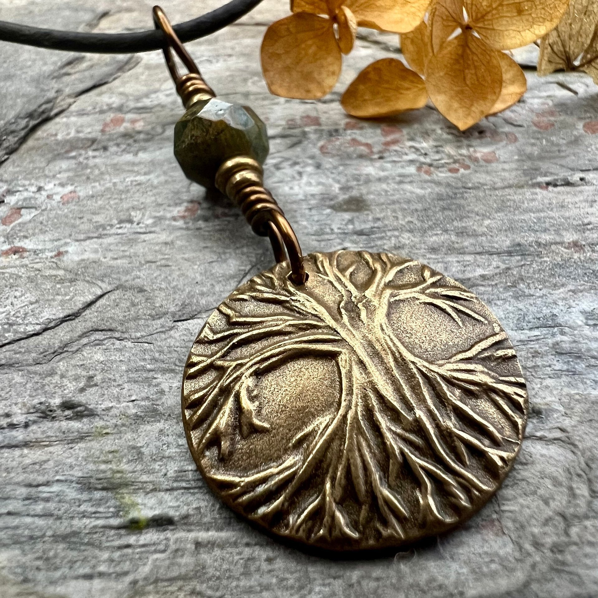 Tree of Life Charm, Bronze Necklace, Tree Branches, Czech Glass Bead, Disc Charm Pendant, Hand Carved, Celtic Witch, Pagan Druid, Earth Love