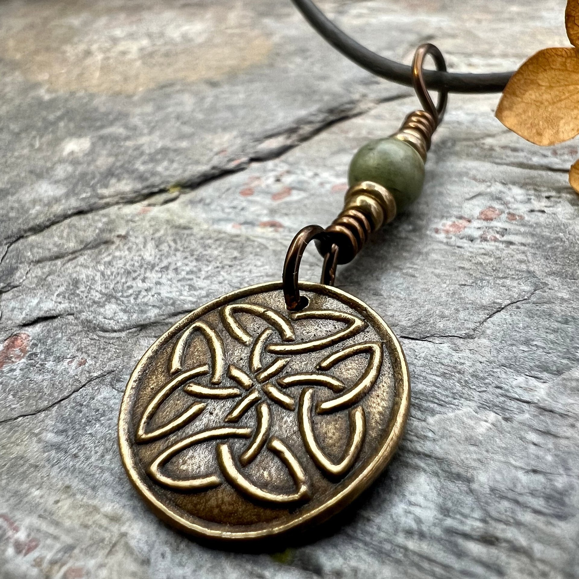 Bronze Trinity Knot, Triquetra, Wax Seal Charm, Connemara Marble, Irish Celtic Jewelry, Pagan, 8th Anniversary, Triple Goddess, Celtic Witch