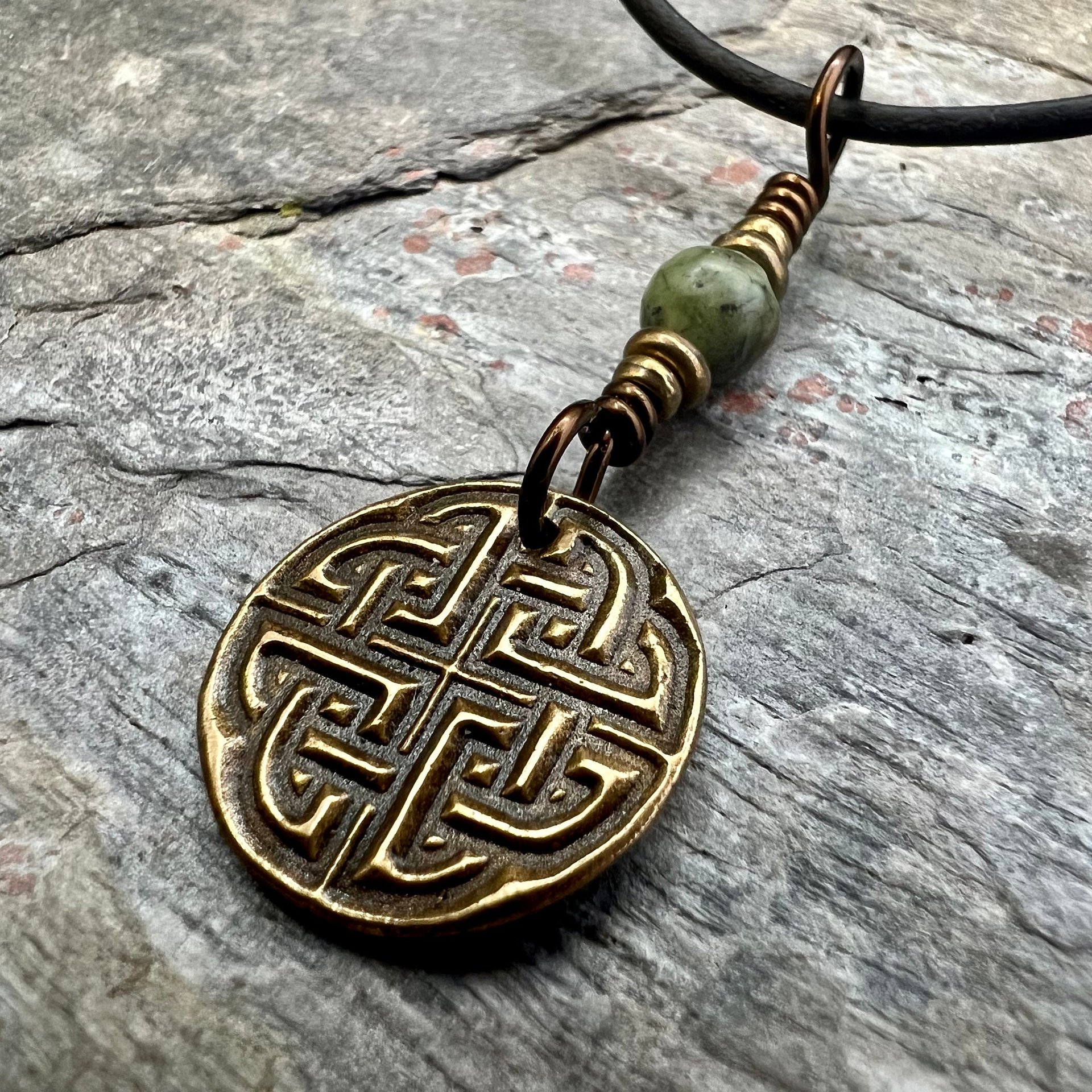 Celtic Knot Charm, Bronze Necklace, Wax Seal Charm, Connemara Marble, Irish Celtic Jewelry, Pagan, 8th Anniversary, Celtic Witch, Intertwine