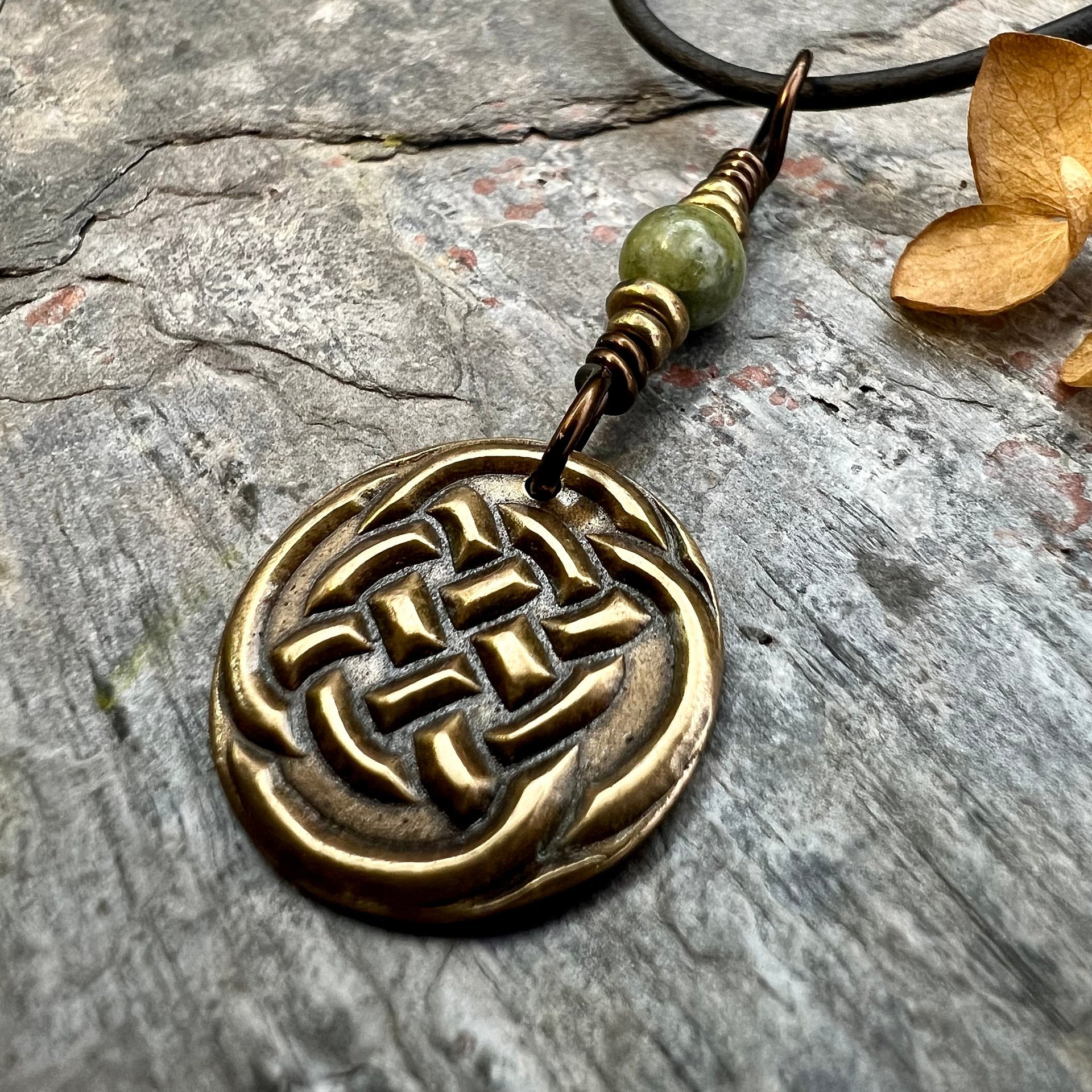 Celtic Knot Charm, Bronze Necklace, Wax Seal Charm, Connemara Marble, Irish Celtic Jewelry, Pagan, 8th Anniversary, Celtic Witch, Intertwine