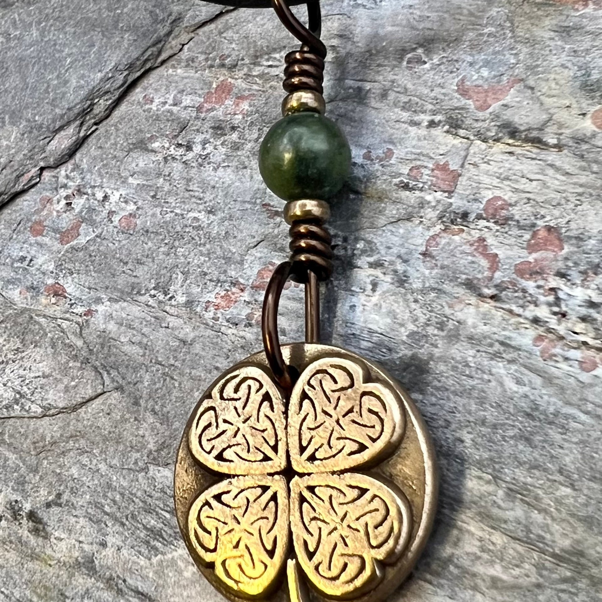 Four Leaf Clover, Bronze Necklace, Wax Seal Charm, Connemara Marble, Irish Celtic Jewelry, Lucky Charm, Celtic Witch, Irish Shamrock Luck
