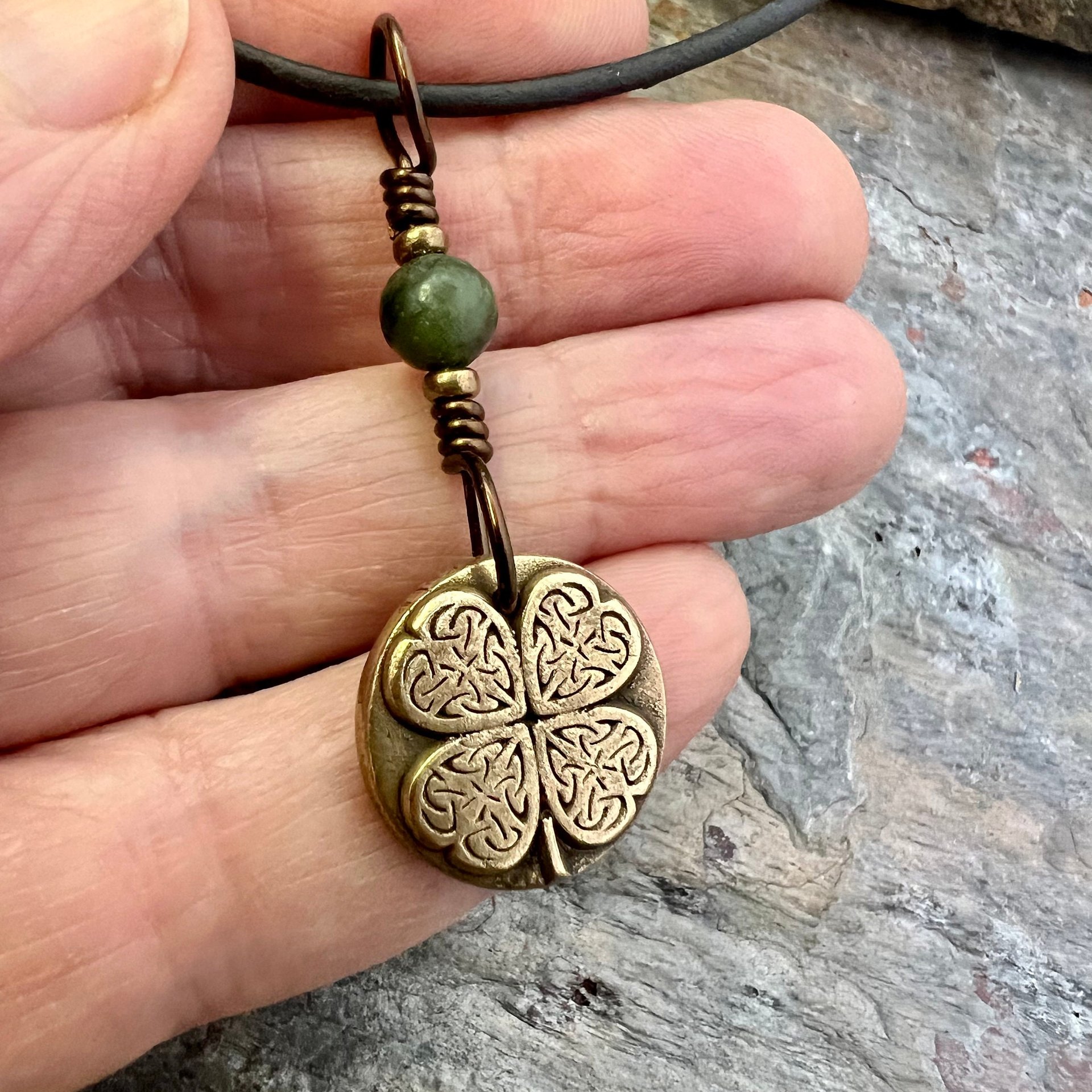Four Leaf Clover, Bronze Necklace, Wax Seal Charm, Connemara Marble, Irish Celtic Jewelry, Lucky Charm, Celtic Witch, Irish Shamrock Luck
