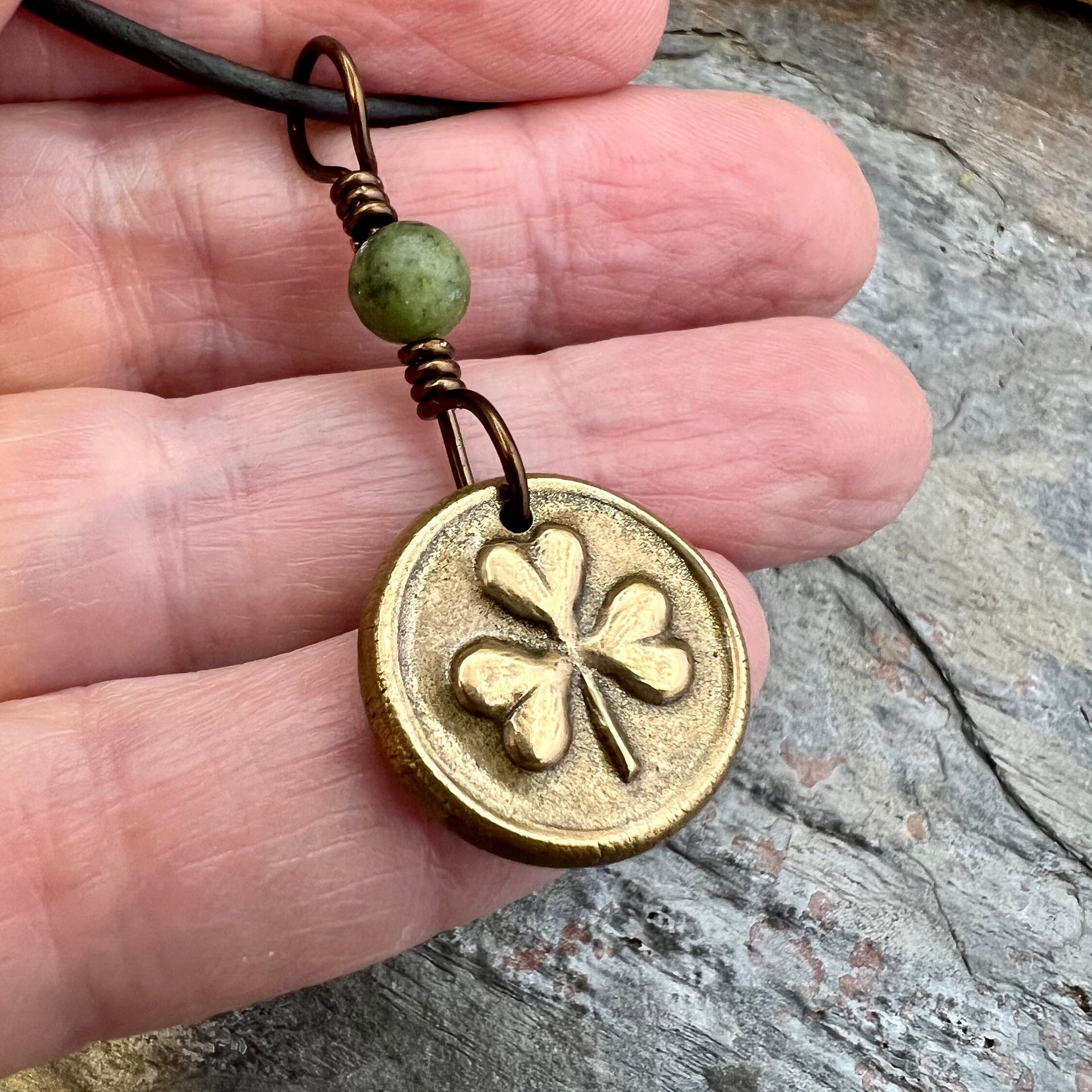 Shamrock Clover Charm, Bronze Wax Seal Charm, Connemara Marble, Irish Celtic Jewelry, Leather & Vegan Cords, Handmade, Soul Harbor Jewelry