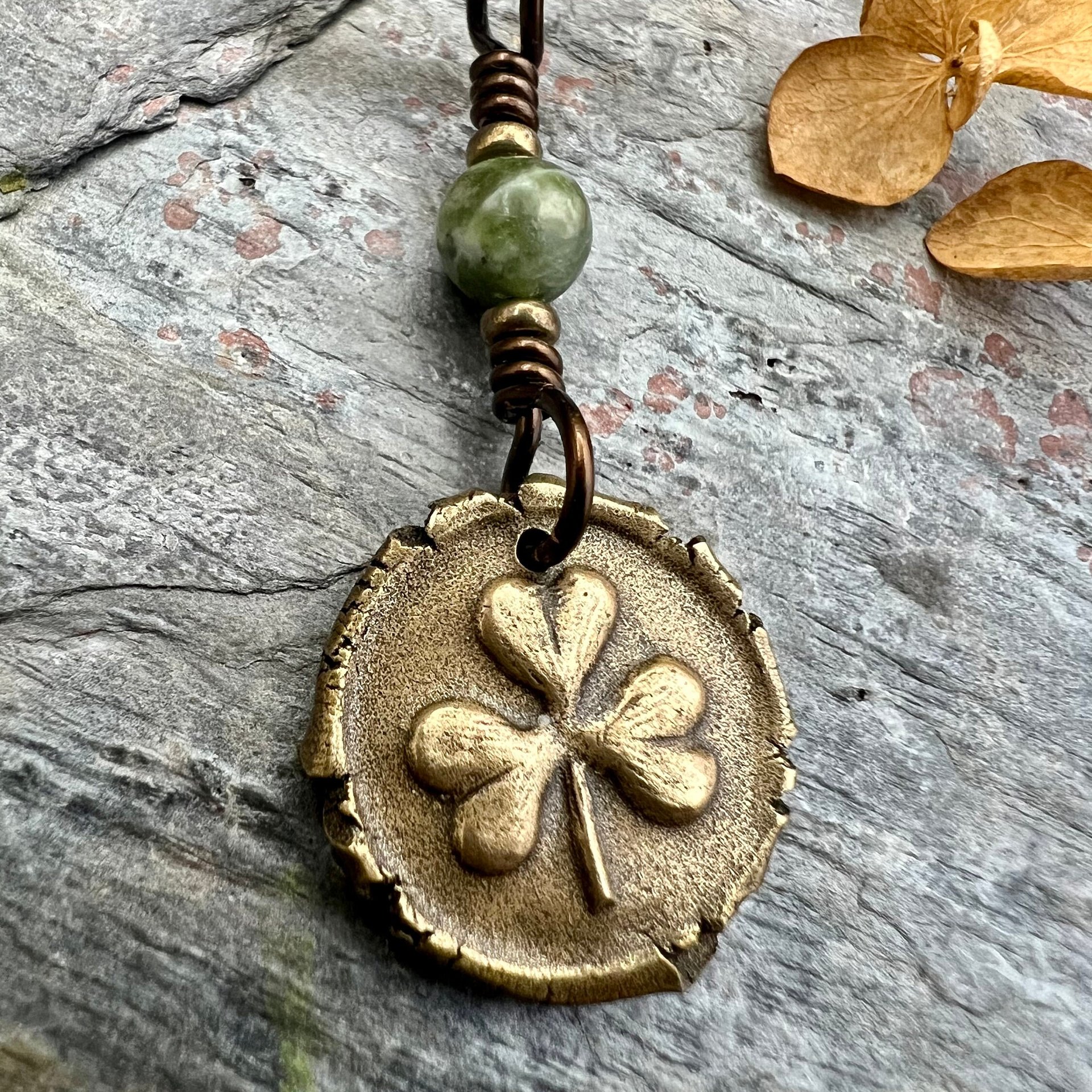 Shamrock Clover Charm, Bronze Wax Seal Charm, Connemara Marble, Irish Celtic Jewelry, Leather & Vegan Cords, Handmade, Soul Harbor Jewelry
