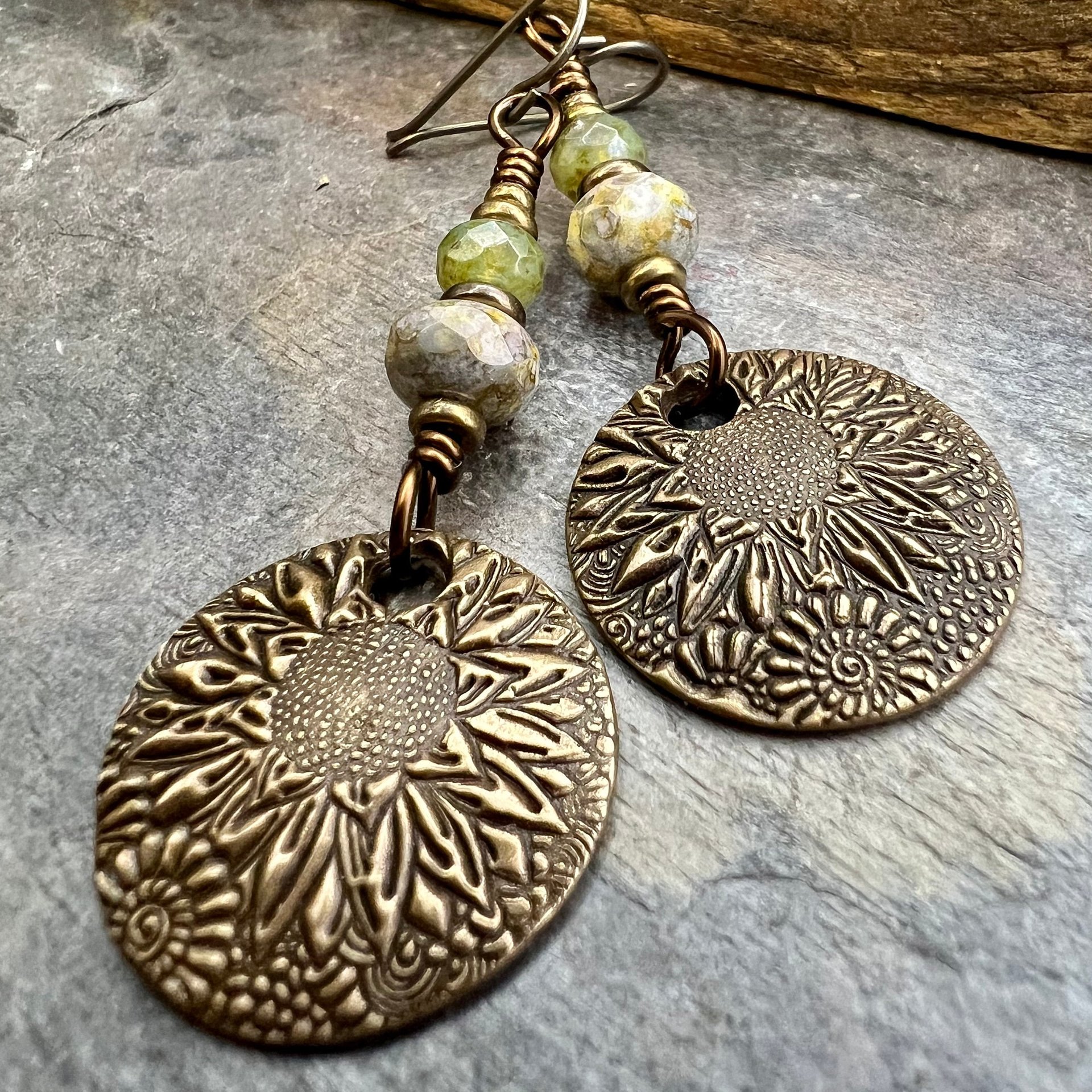Sunflower Earrings, Bronze Discs, Czech Glass, Hypoallergenic Ear Wires, Boho Earthy, Rustic Organic Jewelry, Green Witch, Everyday Wear