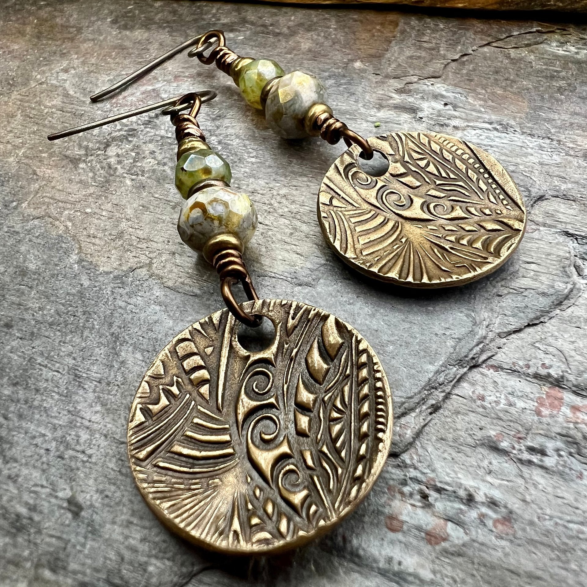 Sunflower Earrings, Bronze Discs, Czech Glass, Hypoallergenic Ear Wires, Boho Earthy, Rustic Organic Jewelry, Green Witch, Everyday Wear