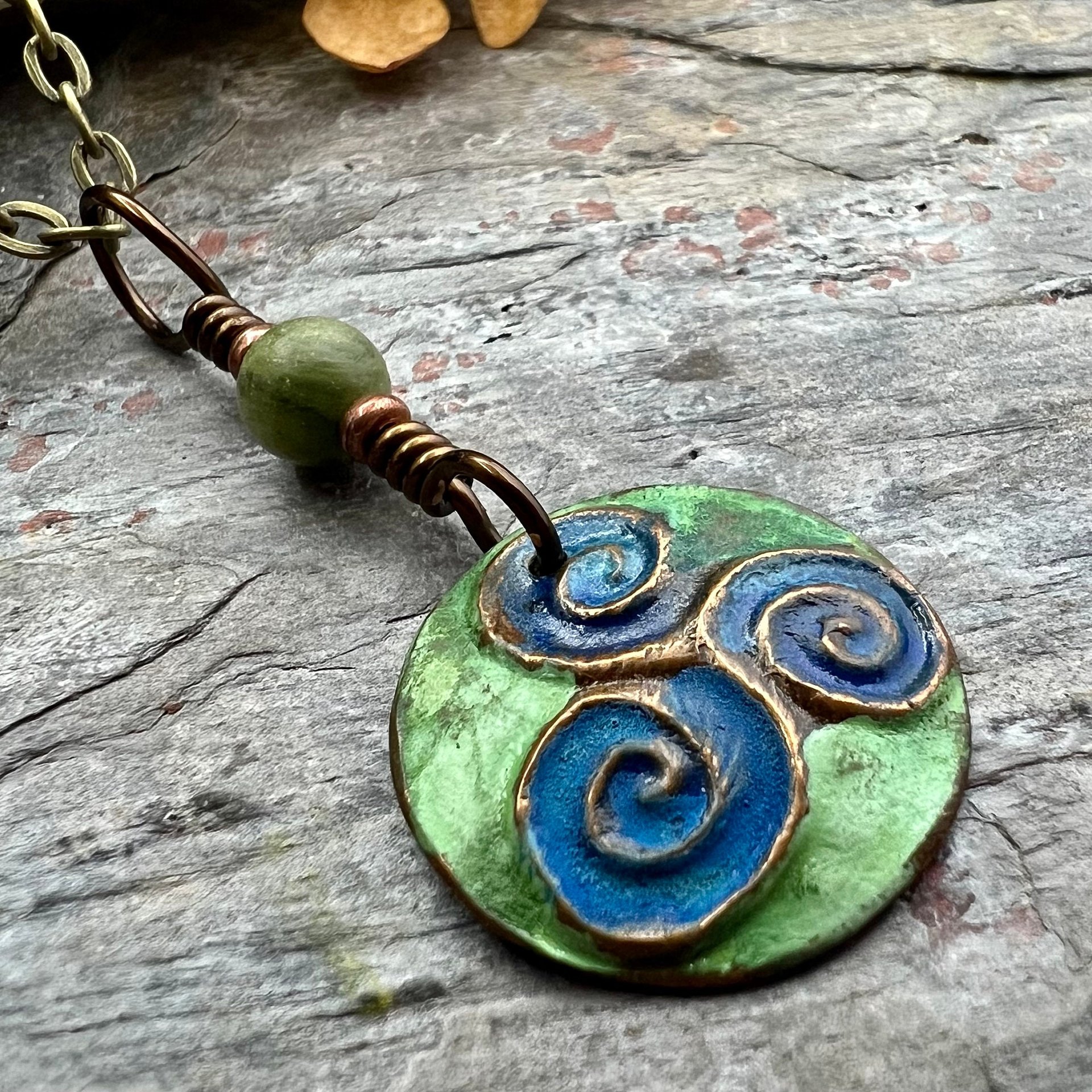 Triskele Pendant, Triskelion, Triple Spiral, Copper Patina, Irish Celtic Jewelry, Czech Glass Bead, Pagan Wicca, Triple Goddess Charm