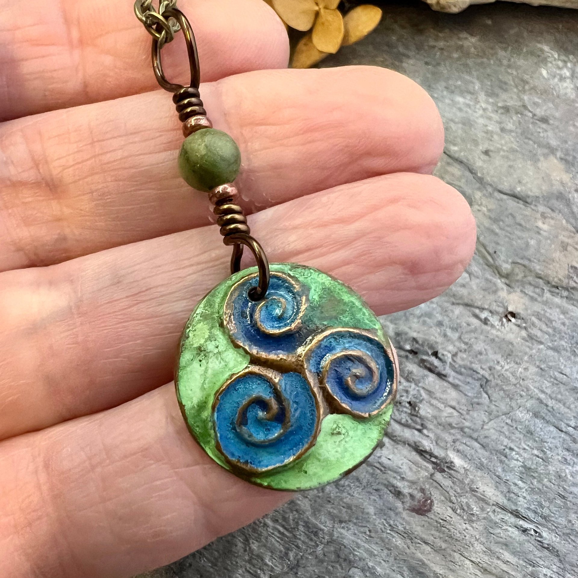 Triskele Pendant, Triskelion, Triple Spiral, Copper Patina, Irish Celtic Jewelry, Czech Glass Bead, Pagan Wicca, Triple Goddess Charm