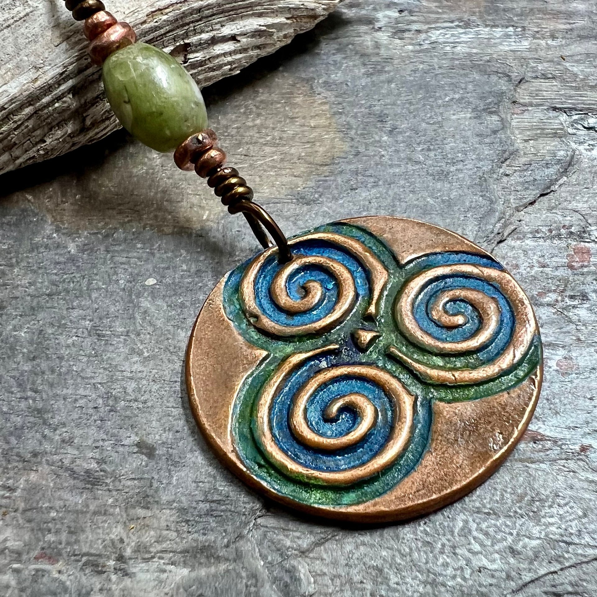 Triskele Copper Pendant, Verdigris Patina, Connemara Marble, Triskelion Triple Spiral, Irish Celtic Pagan, Newgrange Ireland, Celtic Witch