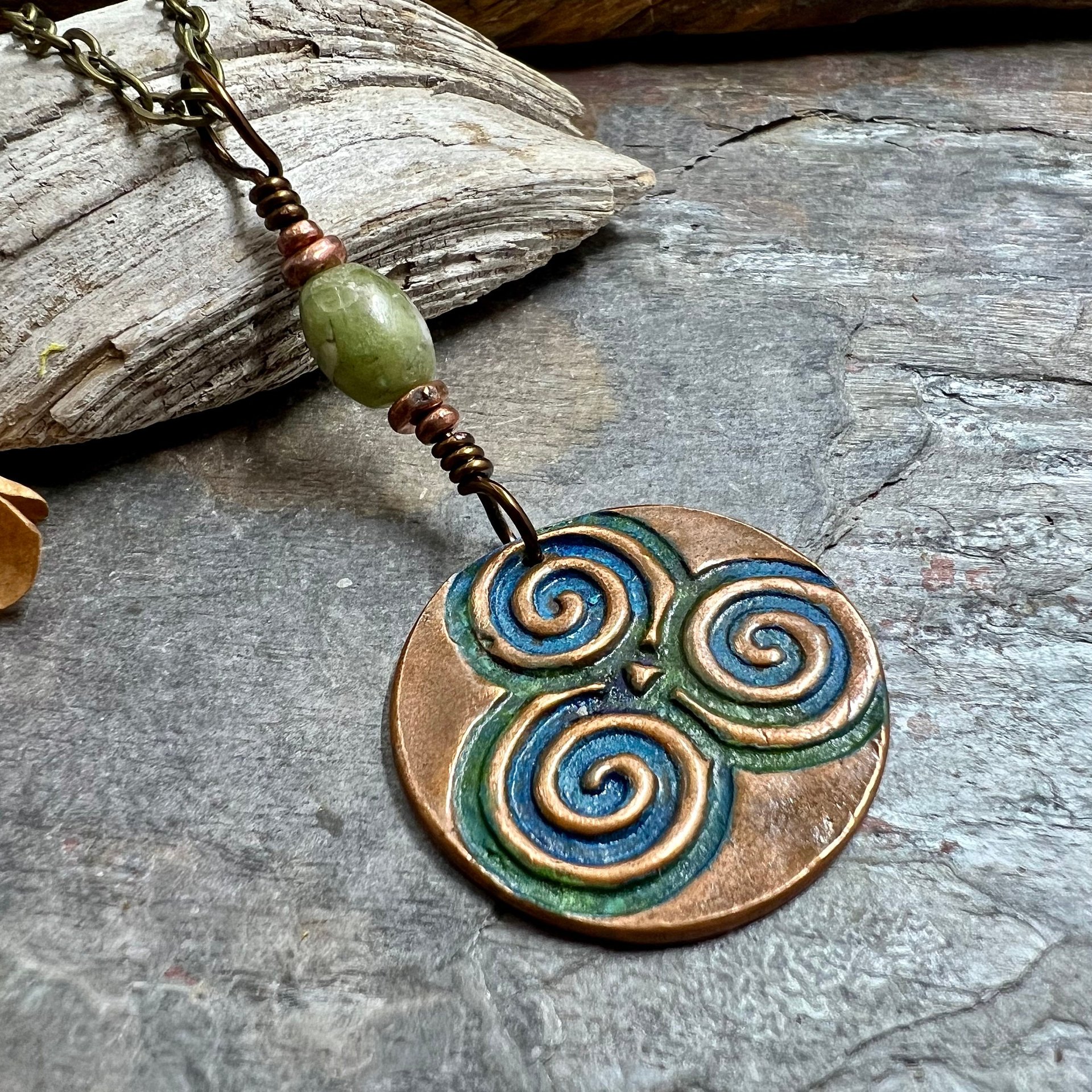 Triskele Copper Pendant, Verdigris Patina, Connemara Marble, Triskelion Triple Spiral, Irish Celtic Pagan, Newgrange Ireland, Celtic Witch