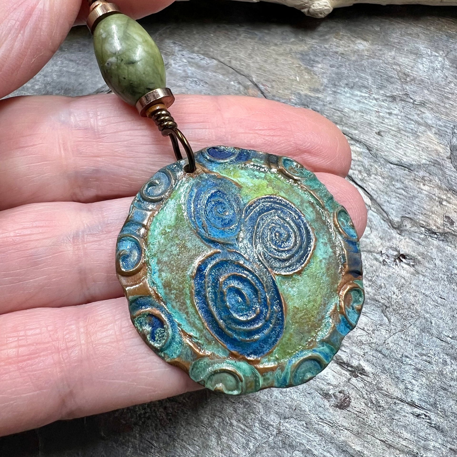Newgrange Spirals, Copper Pendant, Connemara Marble, Triple Spiral, Irish Celtic Jewelry, Verdigris Patina, Blue Green Copper, Pagan Witch