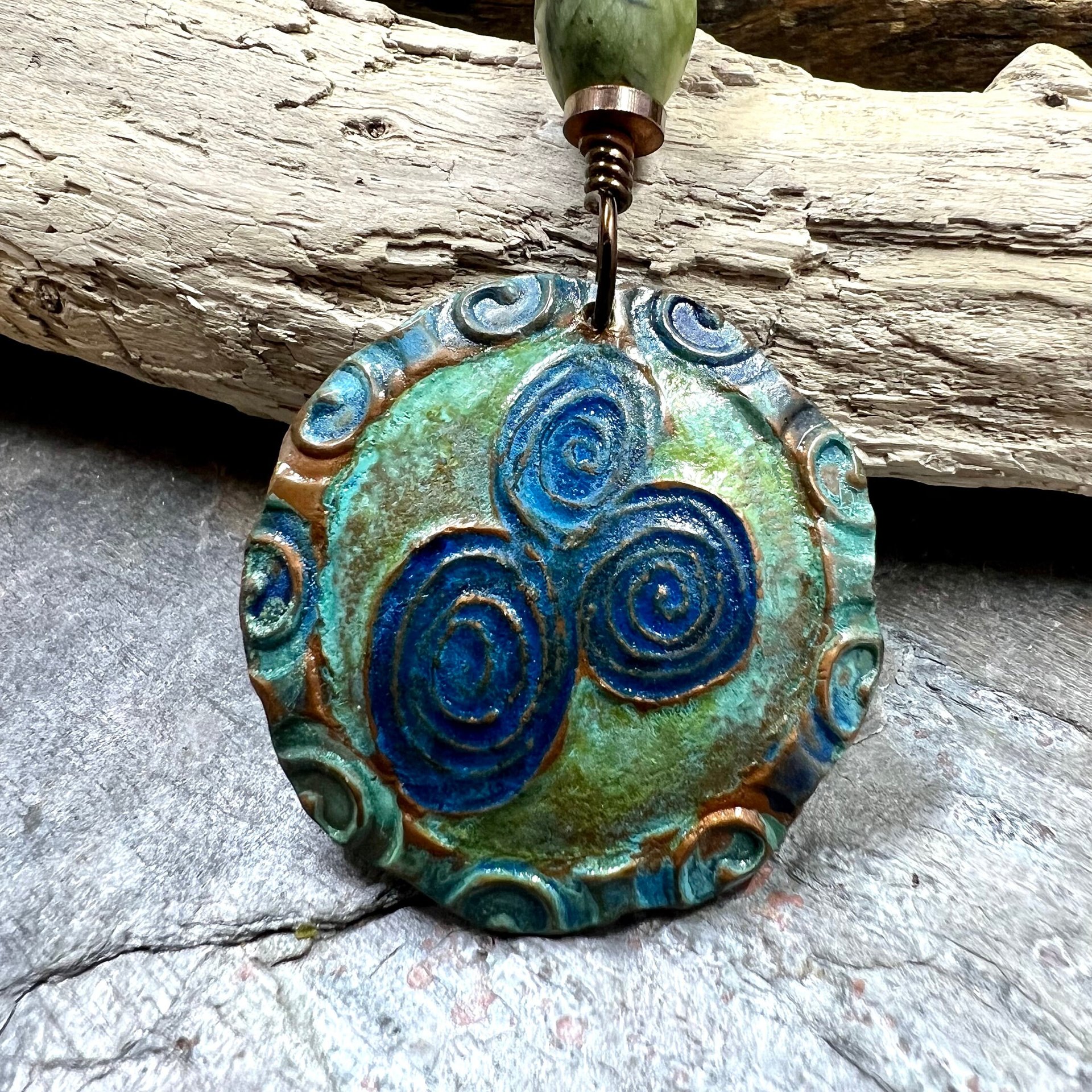Newgrange Spirals, Copper Pendant, Connemara Marble, Triple Spiral, Irish Celtic Jewelry, Verdigris Patina, Blue Green Copper, Pagan Witch