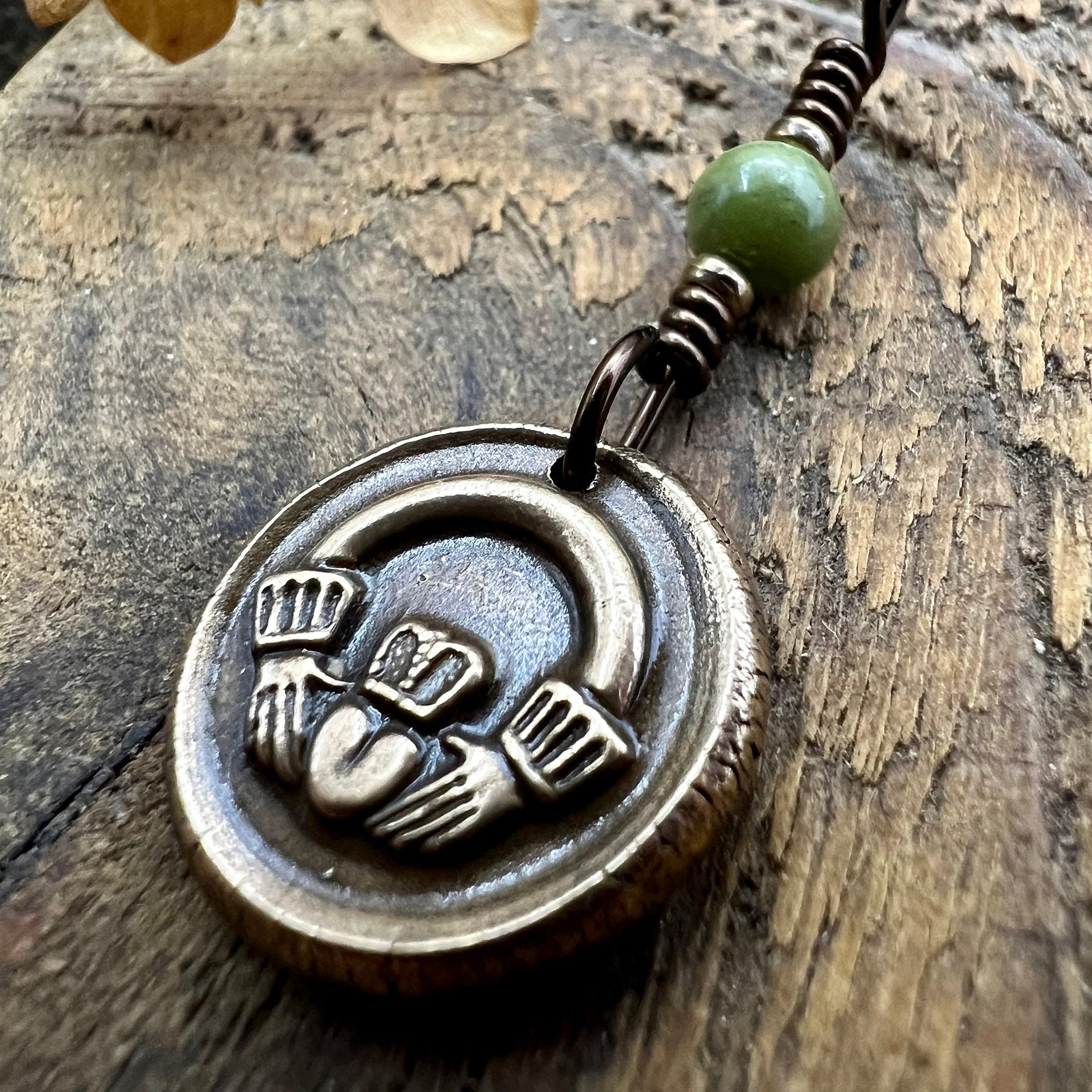 Bronze Claddagh Charm, Wax Seal Charm, Connemara Marble, Irish Celtic Jewelry, Pagan, 8th Anniversary, Love, Friendship, Loyalty, Handmade