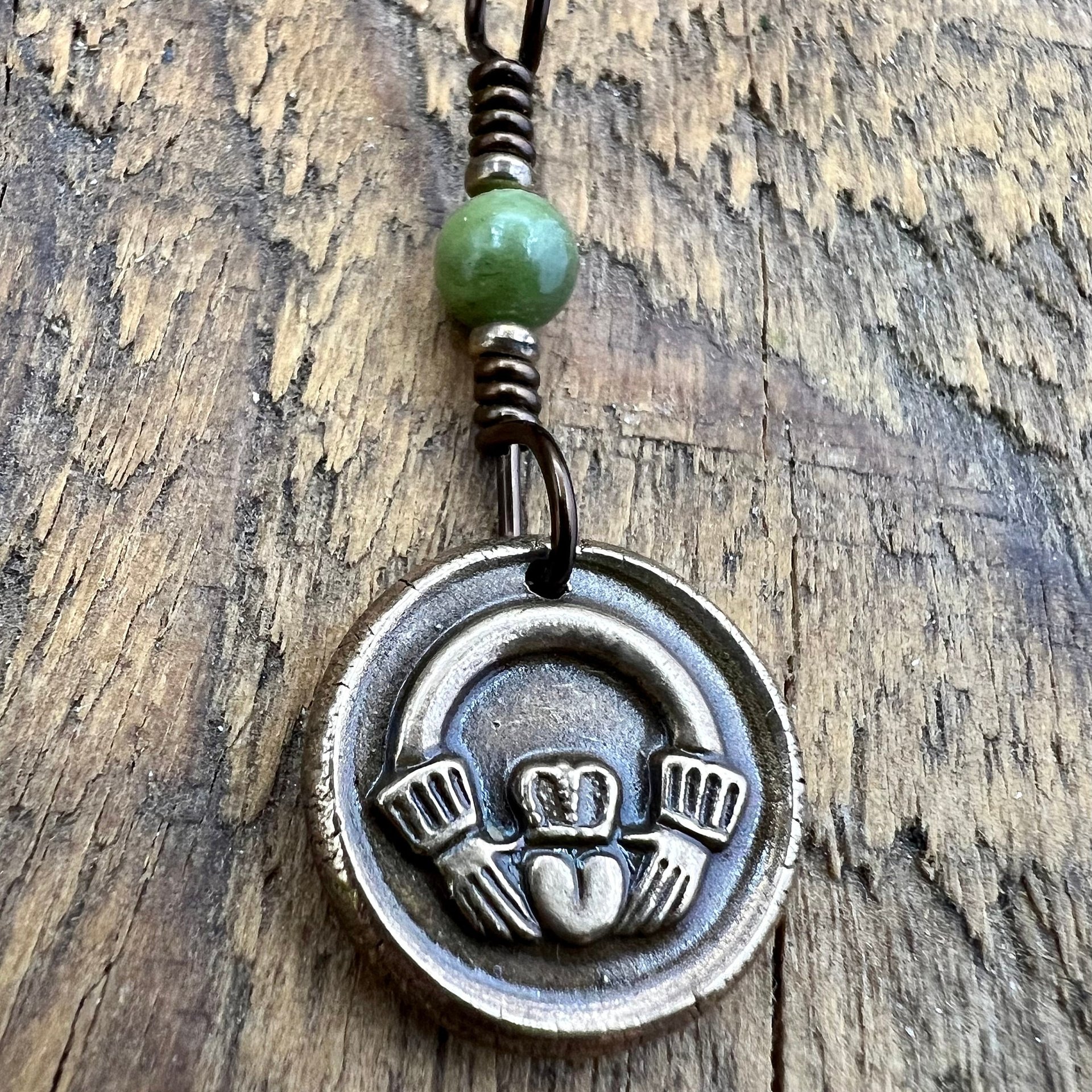 Bronze Claddagh Charm, Wax Seal Charm, Connemara Marble, Irish Celtic Jewelry, Pagan, 8th Anniversary, Love, Friendship, Loyalty, Handmade