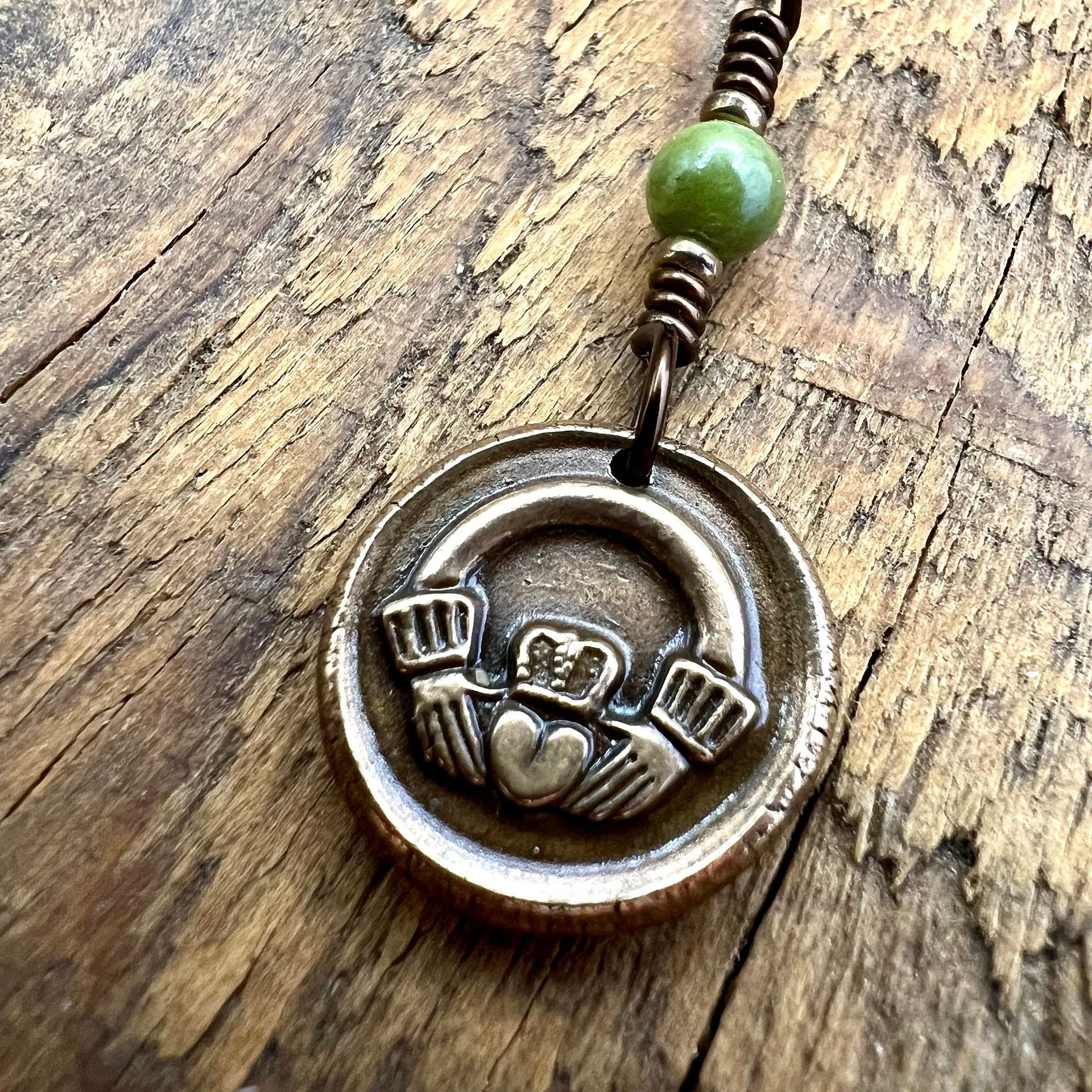 Bronze Claddagh Charm, Wax Seal Charm, Connemara Marble, Irish Celtic Jewelry, Pagan, 8th Anniversary, Love, Friendship, Loyalty, Handmade