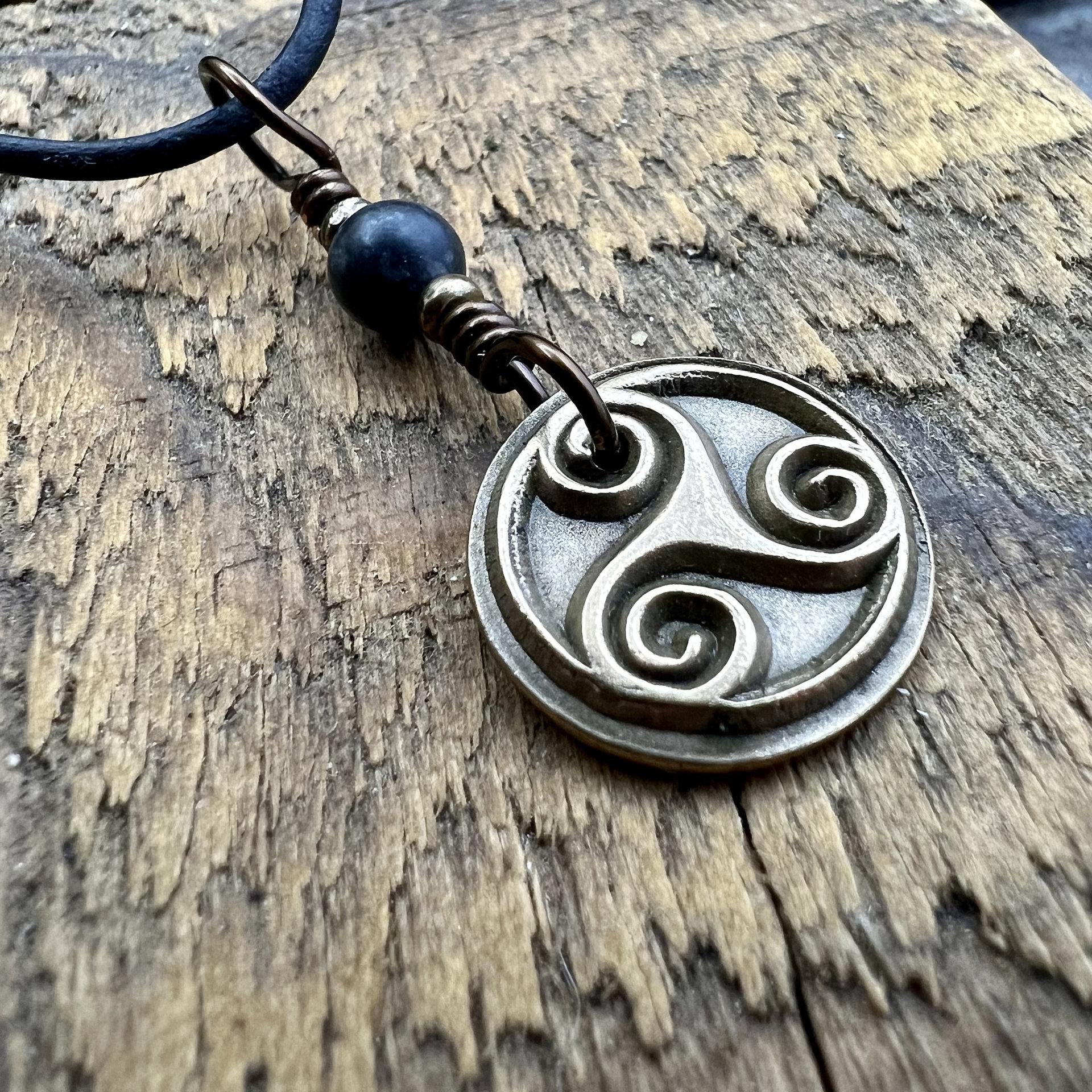 Triskele Charm, Bronze Necklace, Wax Seal Charm, Kilkenny Black, Irish Celtic Pagan, 8th Anniversary, Celtic Witch, Triskelion Triple Spiral