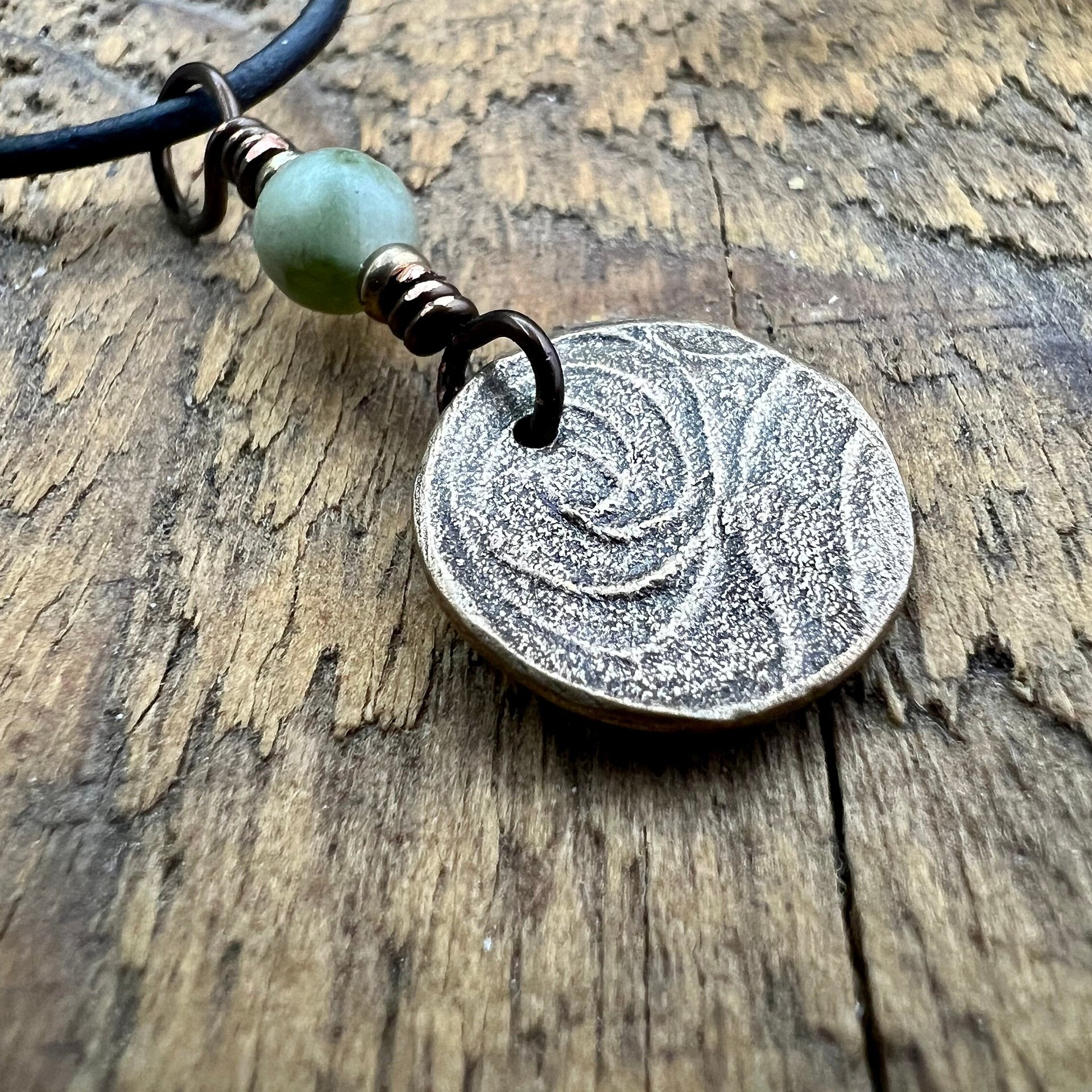 Triskele Charm, Bronze Necklace, Wax Seal Charm, Connemara Marble, Irish Celtic Pagan, 8 Anniversary, Celtic Witch, Triskelion Triple Spiral