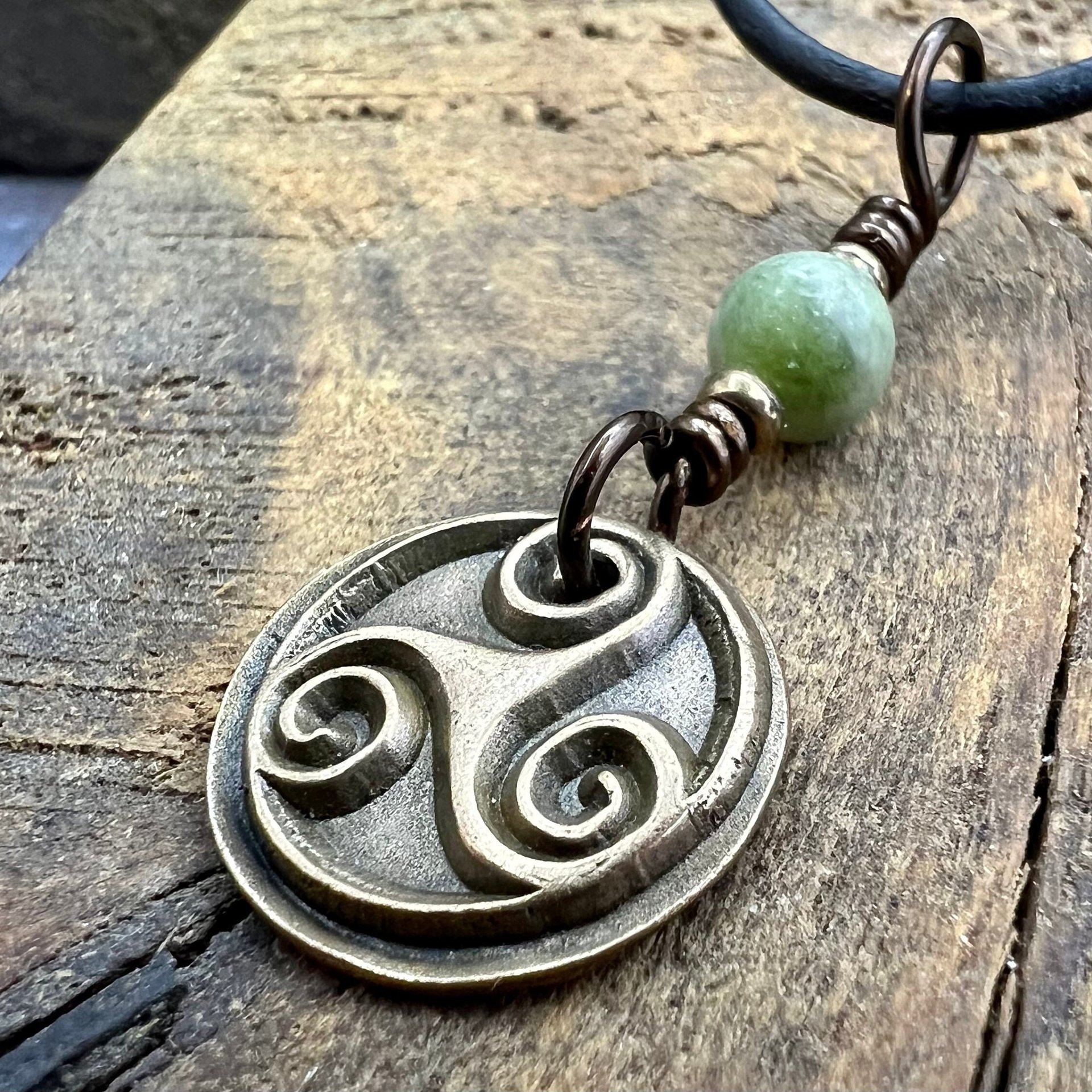 Triskele Charm, Bronze Necklace, Wax Seal Charm, Connemara Marble, Irish Celtic Pagan, 8 Anniversary, Celtic Witch, Triskelion Triple Spiral