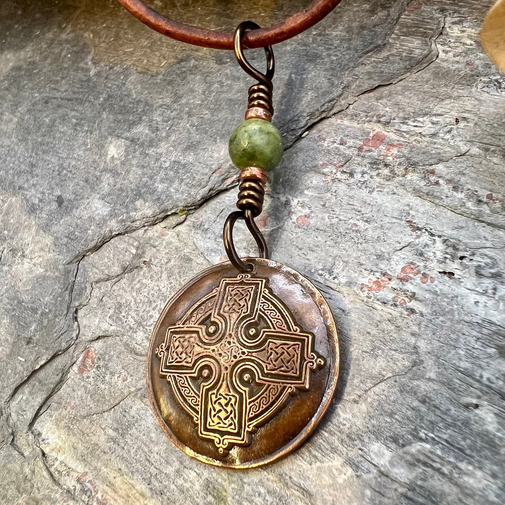 Copper Celtic Cross, Wax Seal Charm, Connemara Marble, Irish Celtic, Copper Cross Necklace, Leather & Vegan Cords, Handmade Art Jewelry