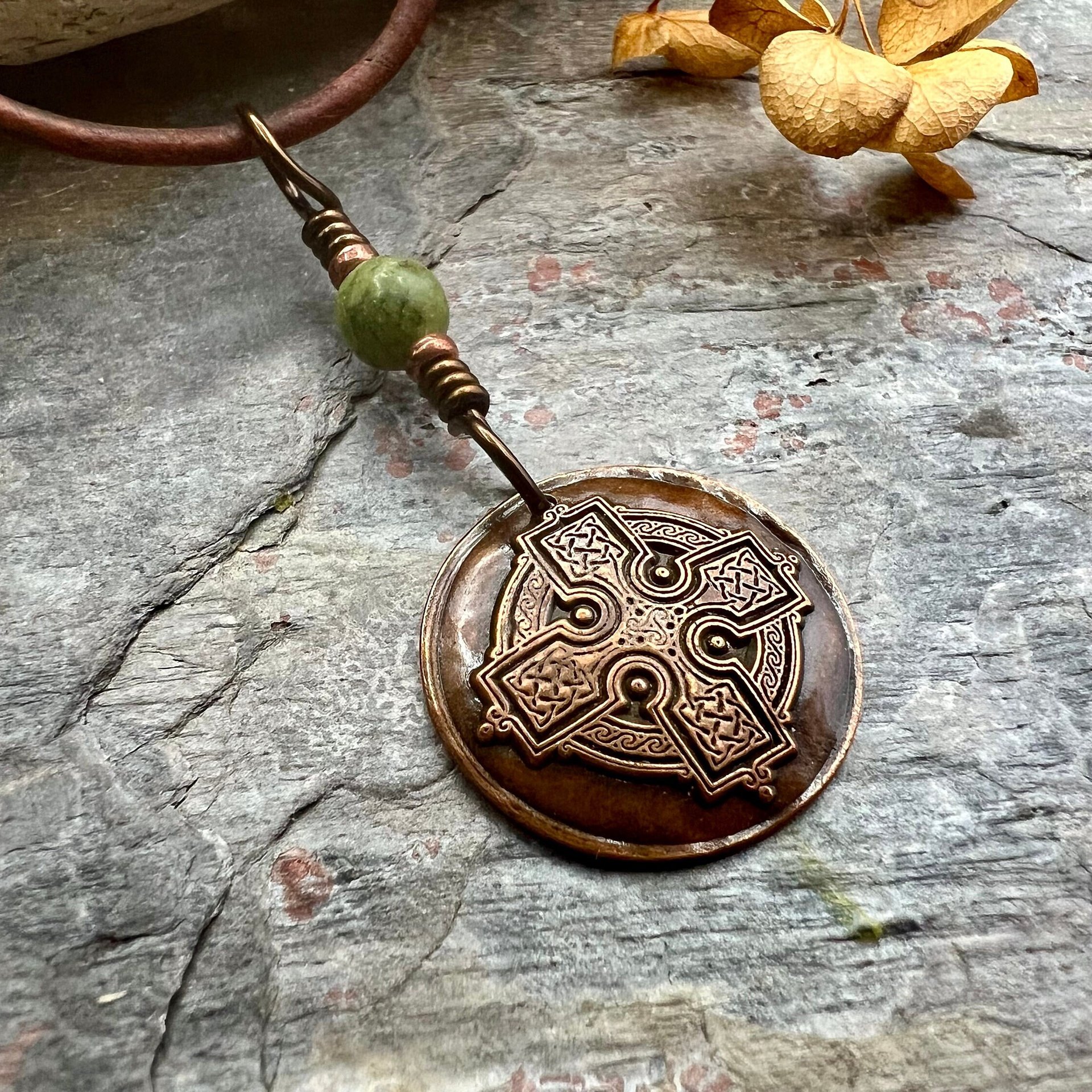 Copper Celtic Cross, Wax Seal Charm, Connemara Marble, Irish Celtic, Copper Cross Necklace, Leather & Vegan Cords, Handmade Art Jewelry