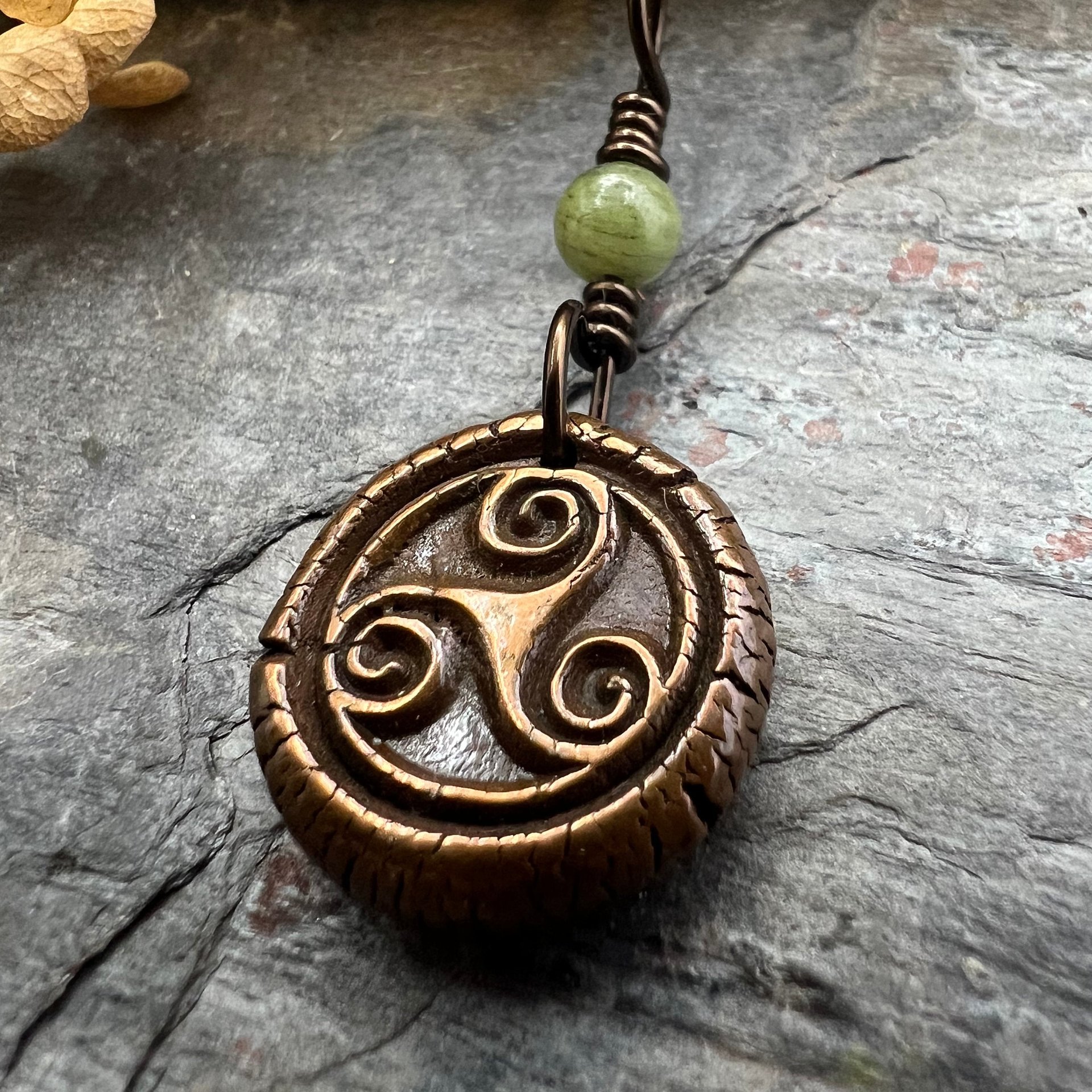 Triskele Charm, Copper Necklace, Wax Seal Charm, Connemara Marble, Irish Celtic Pagan, 7 Anniversary, Celtic Witch, Triskelion Triple Spiral