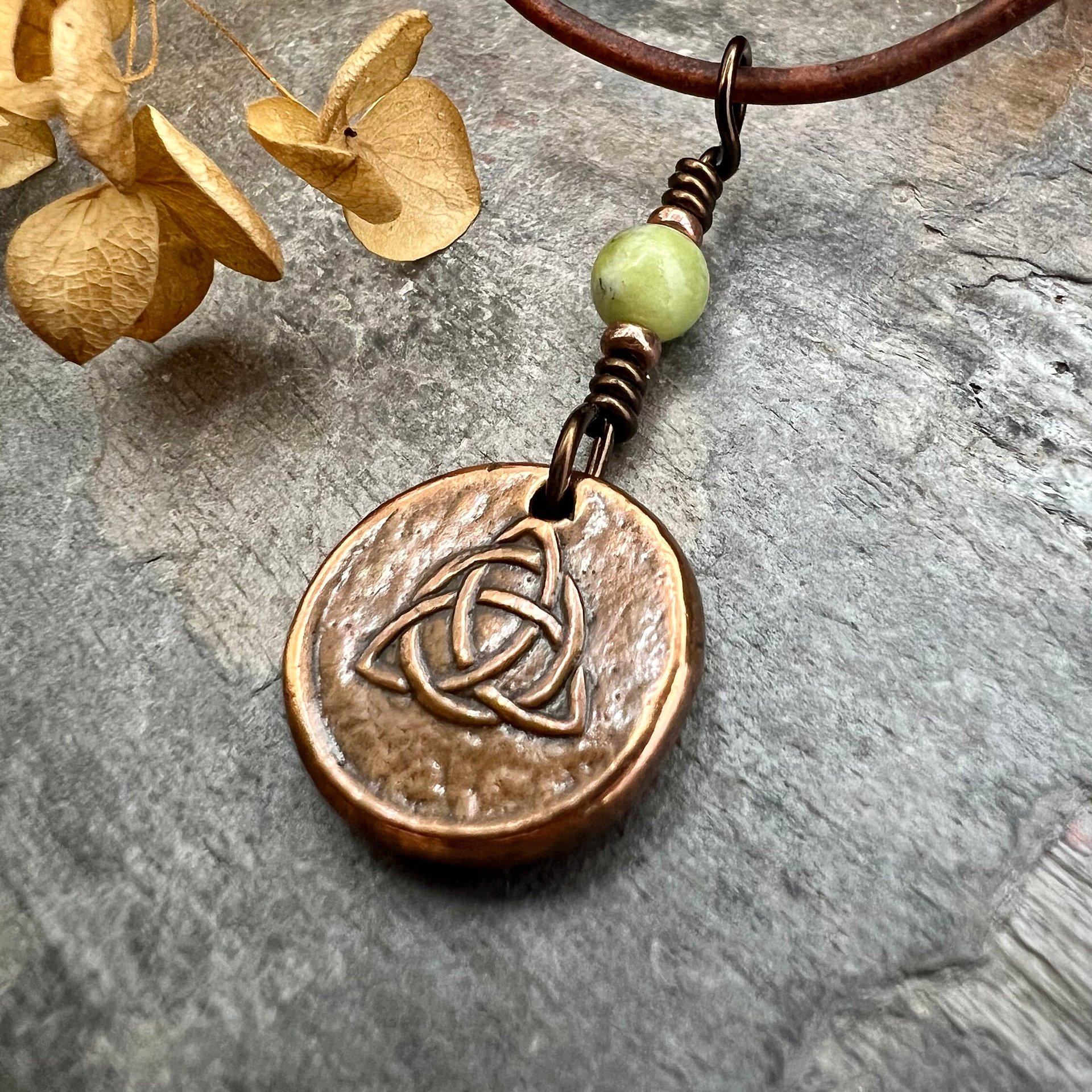 Copper Trinity Knot, Triquetra, Wax Seal Charm, Connemara Marble, Irish Celtic Jewelry, Pagan, 7th Anniversary, Triple Goddess, Celtic Witch