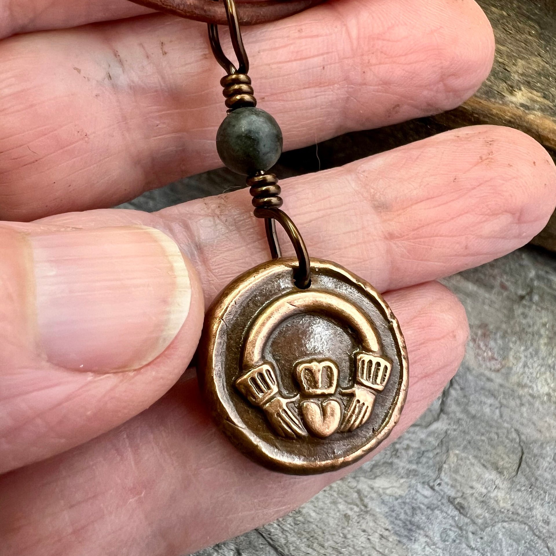 Copper Claddagh Charm, Wax Seal Charm, Kilkenny Marble, Irish Celtic Jewelry, Pagan, 7th Anniversary, Love, Friendship, Loyalty, Handmade