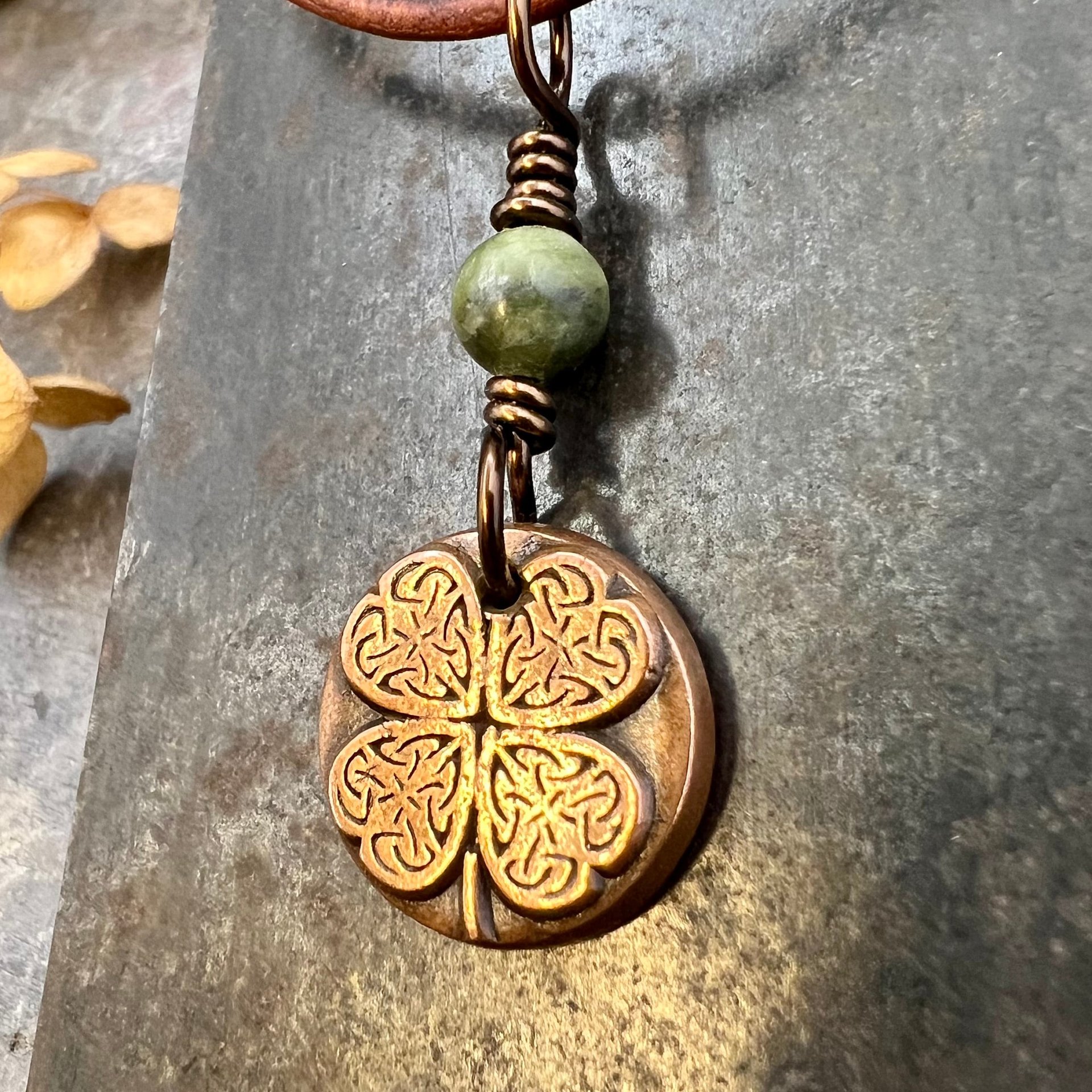 Four Leaf Heart Clover, Copper Wax Seal Charm, Connemara Marble, Irish Celtic Jewelry, 4 Leaf Clover, Lucky Charm, Leather & Vegan Cords
