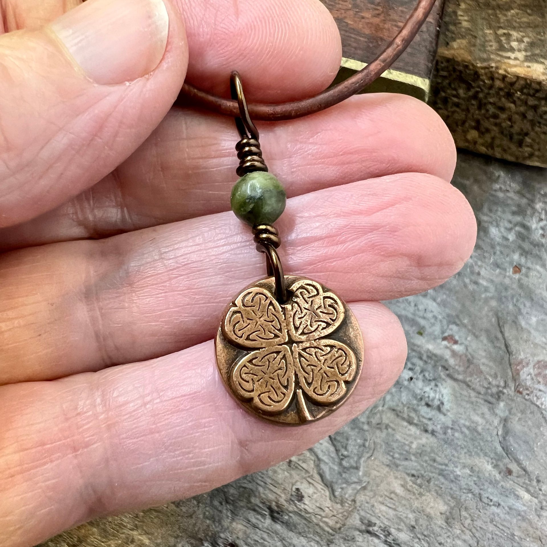 Four Leaf Heart Clover, Copper Wax Seal Charm, Connemara Marble, Irish Celtic Jewelry, 4 Leaf Clover, Lucky Charm, Leather & Vegan Cords