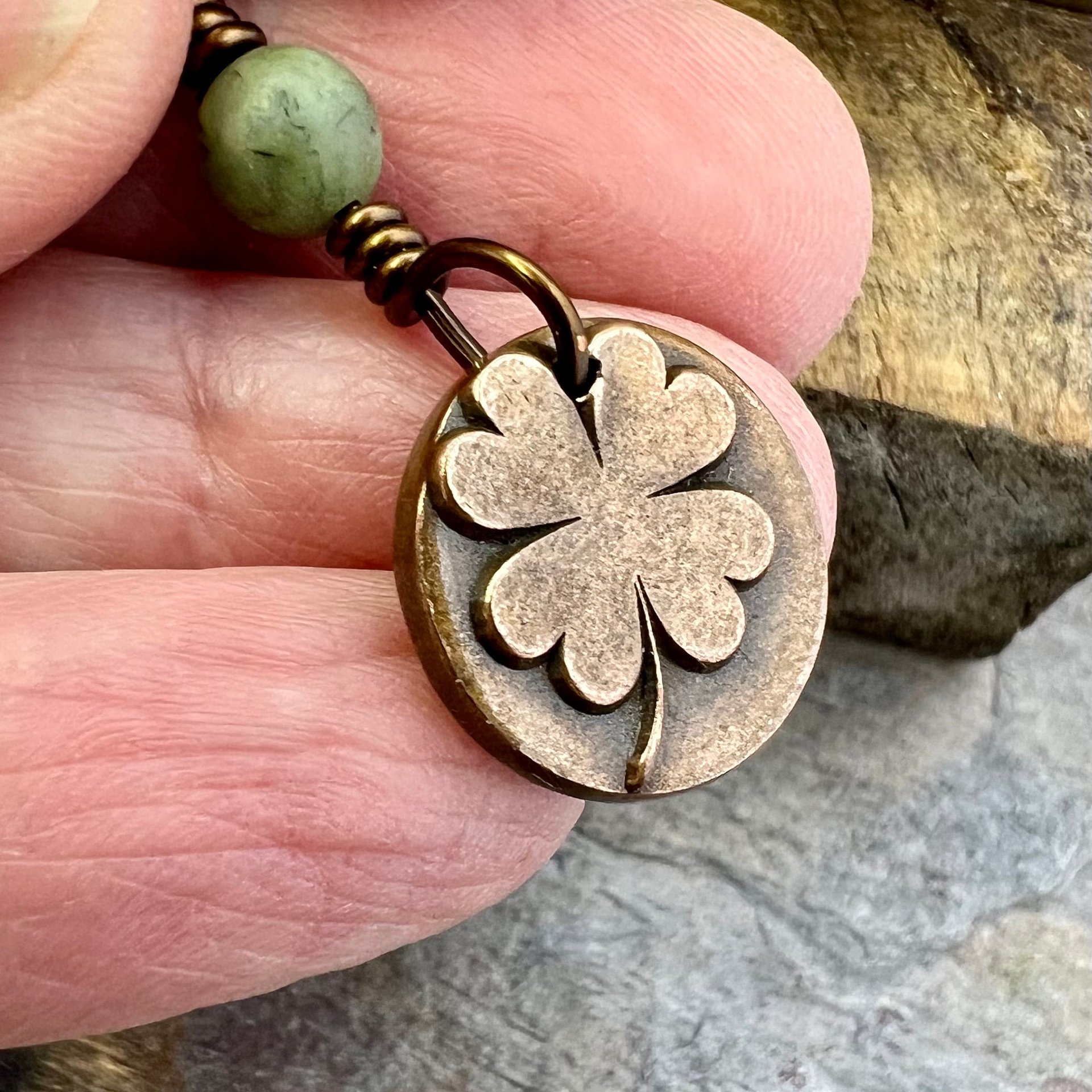 Four Leaf Heart Clover, Copper Wax Seal Charm, Connemara Marble, Irish Celtic Jewelry, 4 Leaf Clover, Lucky Charm, Leather & Vegan Cords
