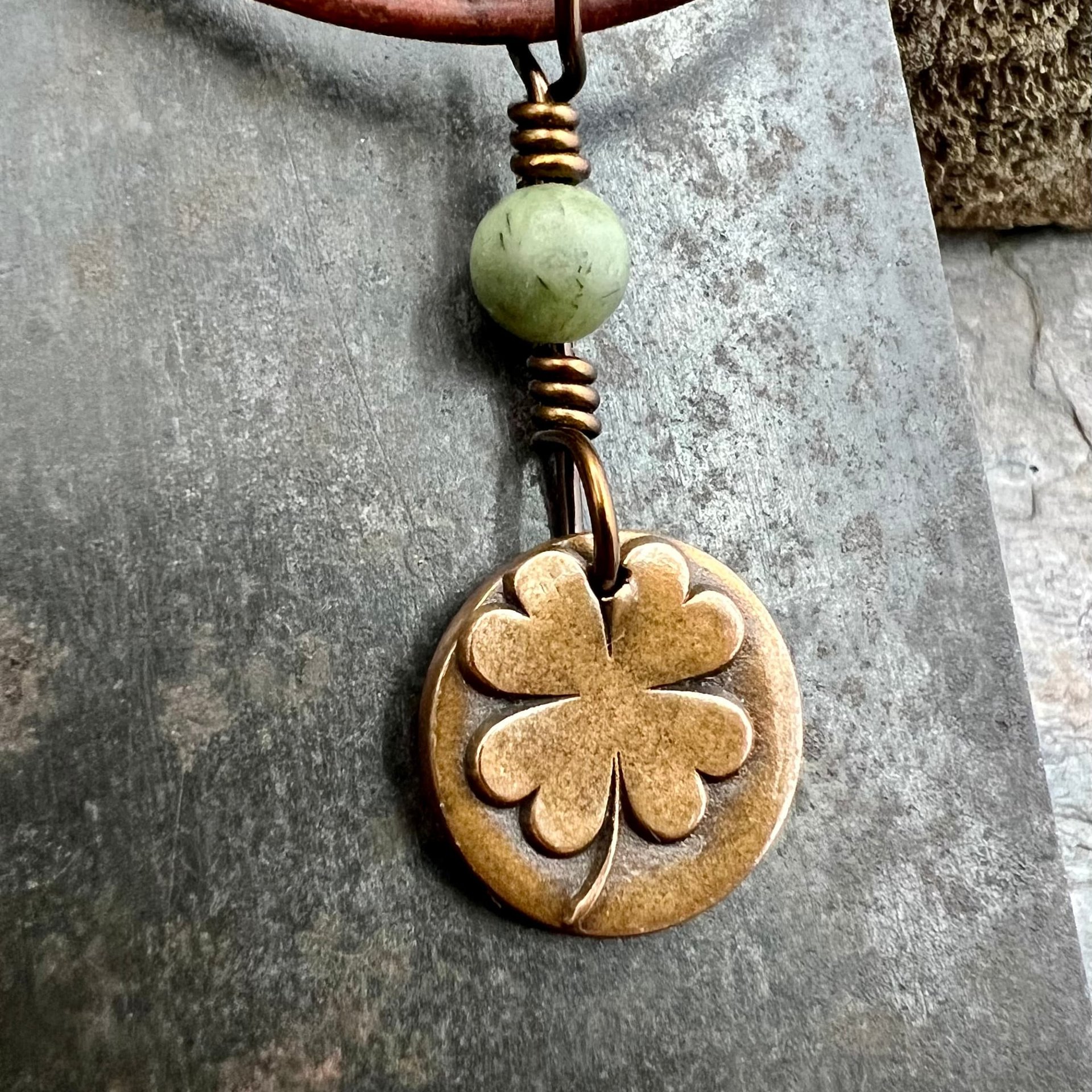 Four Leaf Heart Clover, Copper Wax Seal Charm, Connemara Marble, Irish Celtic Jewelry, 4 Leaf Clover, Lucky Charm, Leather & Vegan Cords