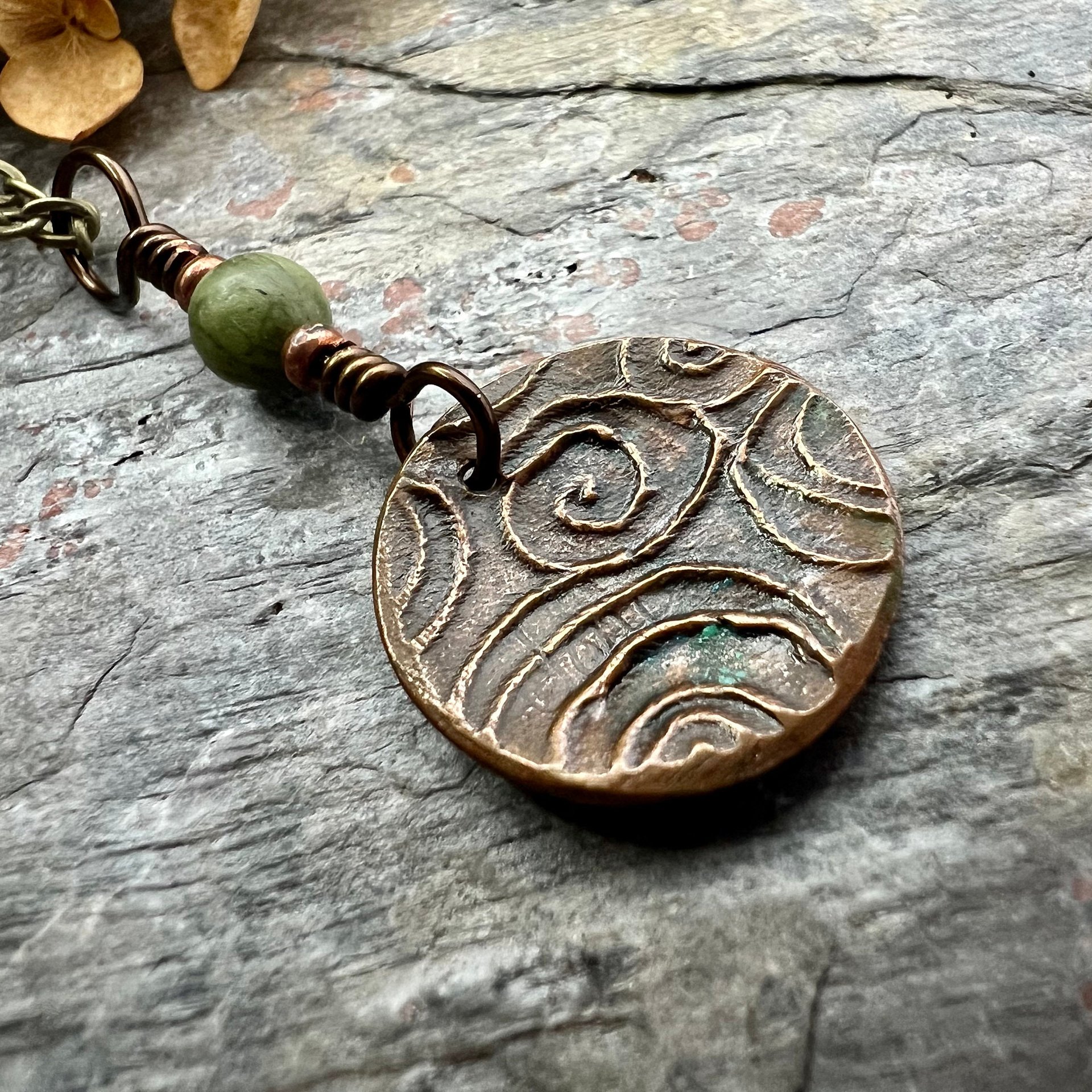 Triskele Pendant, Triskelion, Triple Spiral, Copper Patina, Irish Celtic Jewelry, Czech Glass Bead, Pagan Wicca, Triple Goddess Charm