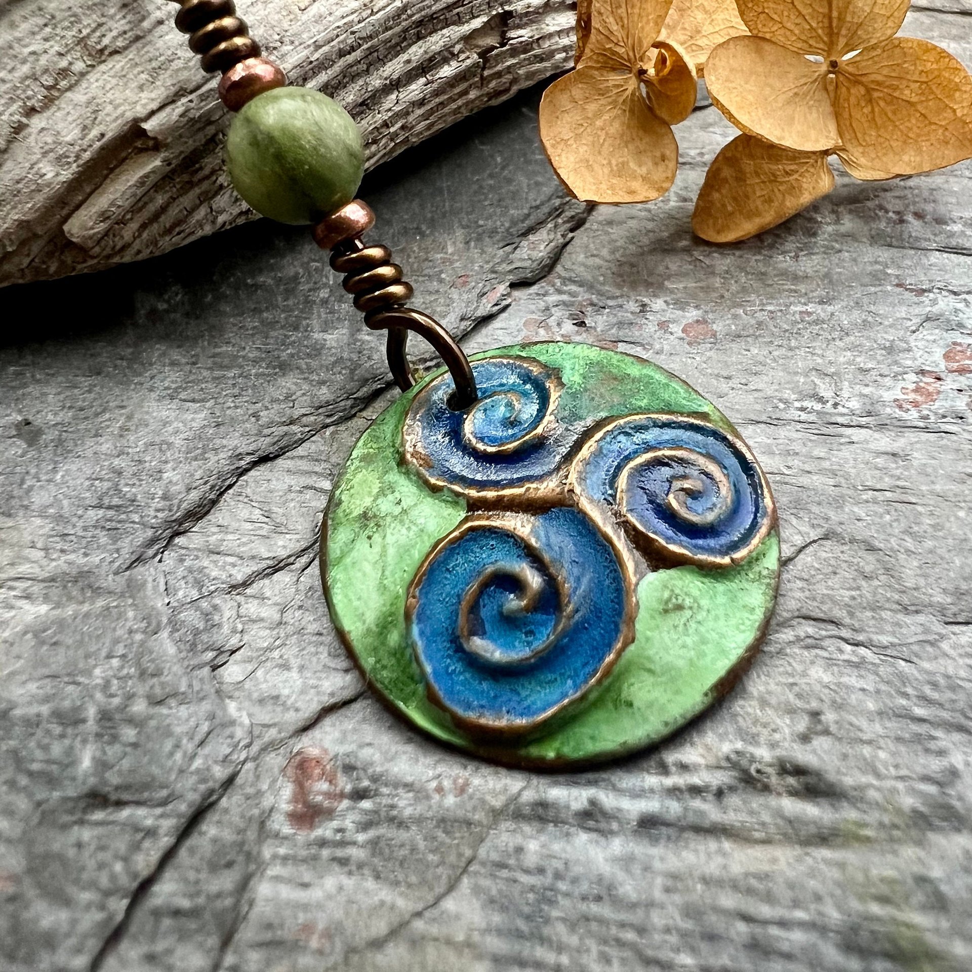 Triskele Pendant, Triskelion, Triple Spiral, Copper Patina, Irish Celtic Jewelry, Czech Glass Bead, Pagan Wicca, Triple Goddess Charm