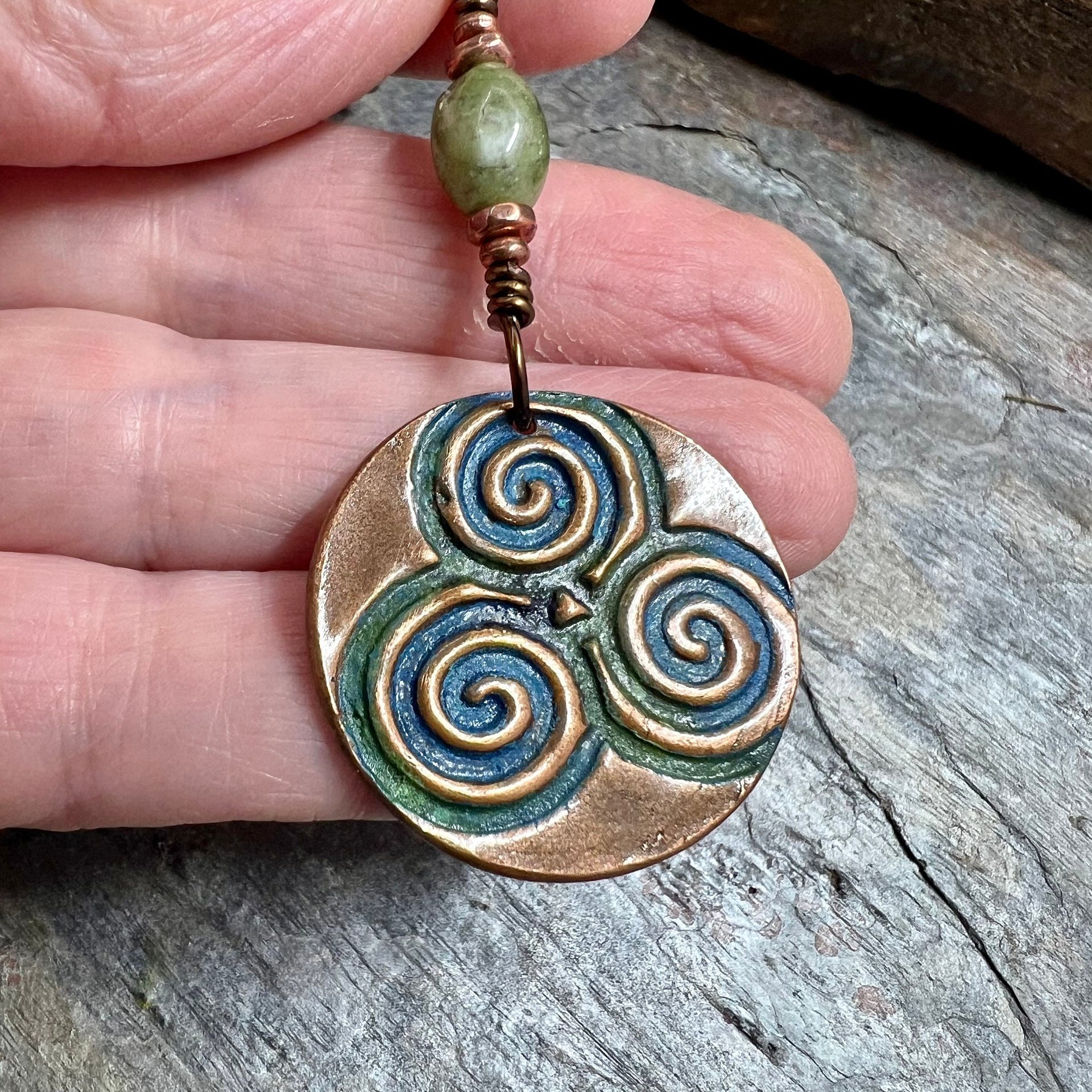 Triskele Copper Pendant, Verdigris Patina, Connemara Marble, Triskelion Triple Spiral, Irish Celtic Pagan, Newgrange Ireland, Celtic Witch