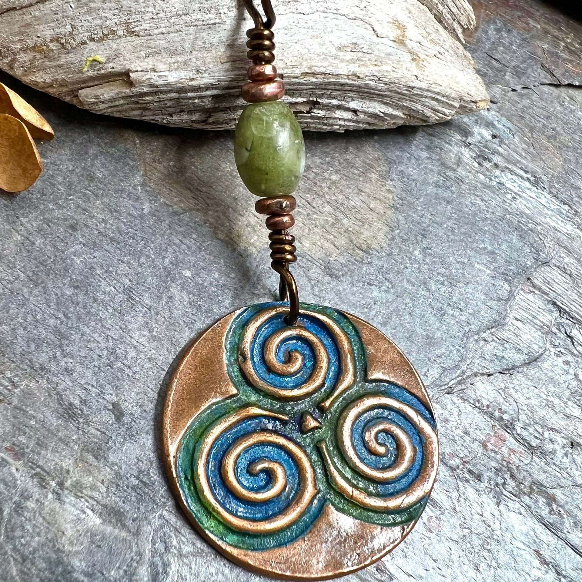 Triskele Copper Pendant, Verdigris Patina, Connemara Marble, Triskelion Triple Spiral, Irish Celtic Pagan, Newgrange Ireland, Celtic Witch
