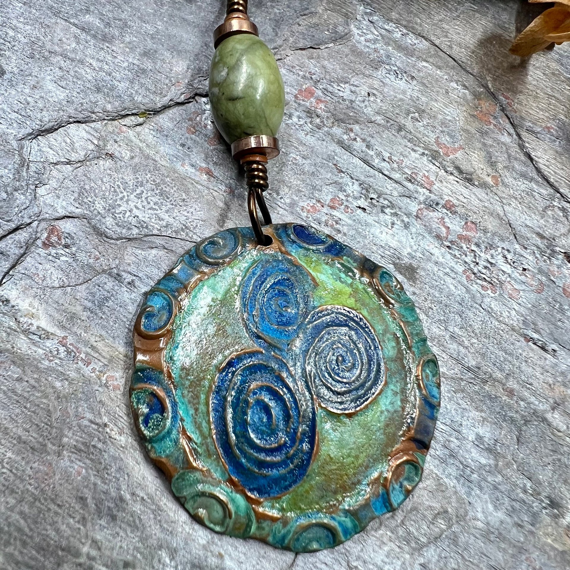 Newgrange Spirals, Copper Pendant, Connemara Marble, Triple Spiral, Irish Celtic Jewelry, Verdigris Patina, Blue Green Copper, Pagan Witch