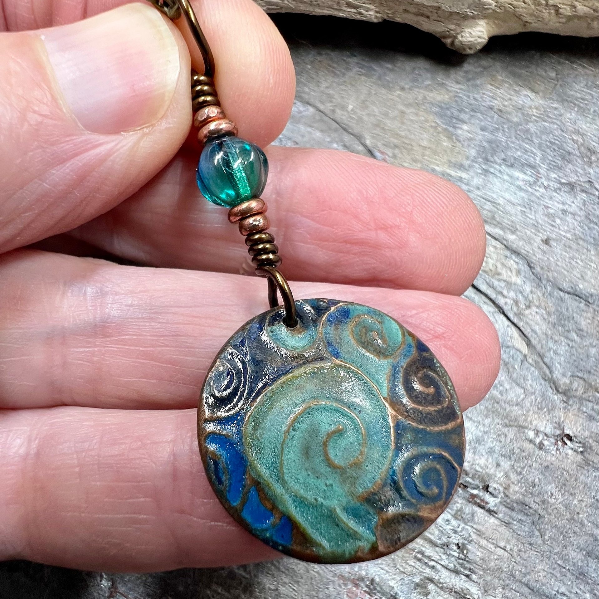Celtic Spirals Pendant, Copper Patina, Irish Celtic, Pagan Wicca, Czech Glass, Witchy Earthy, Hand Carved, One of a Kind Art Jewelry