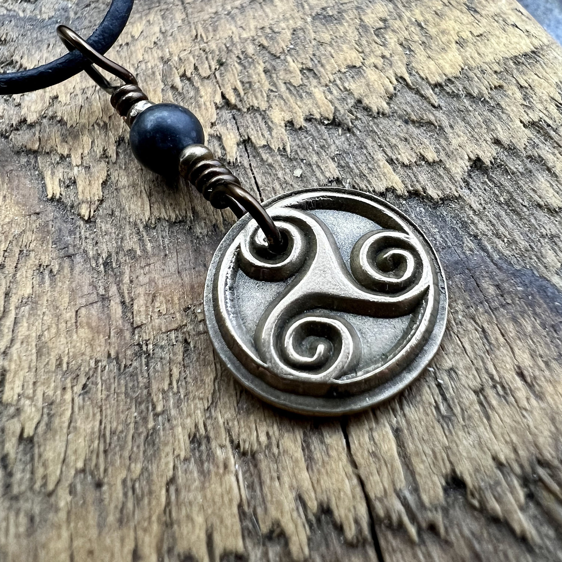 Triskele Charm, Bronze Necklace, Wax Seal Charm, Kilkenny Black, Irish Celtic Pagan, 8th Anniversary, Celtic Witch, Triskelion Triple Spiral