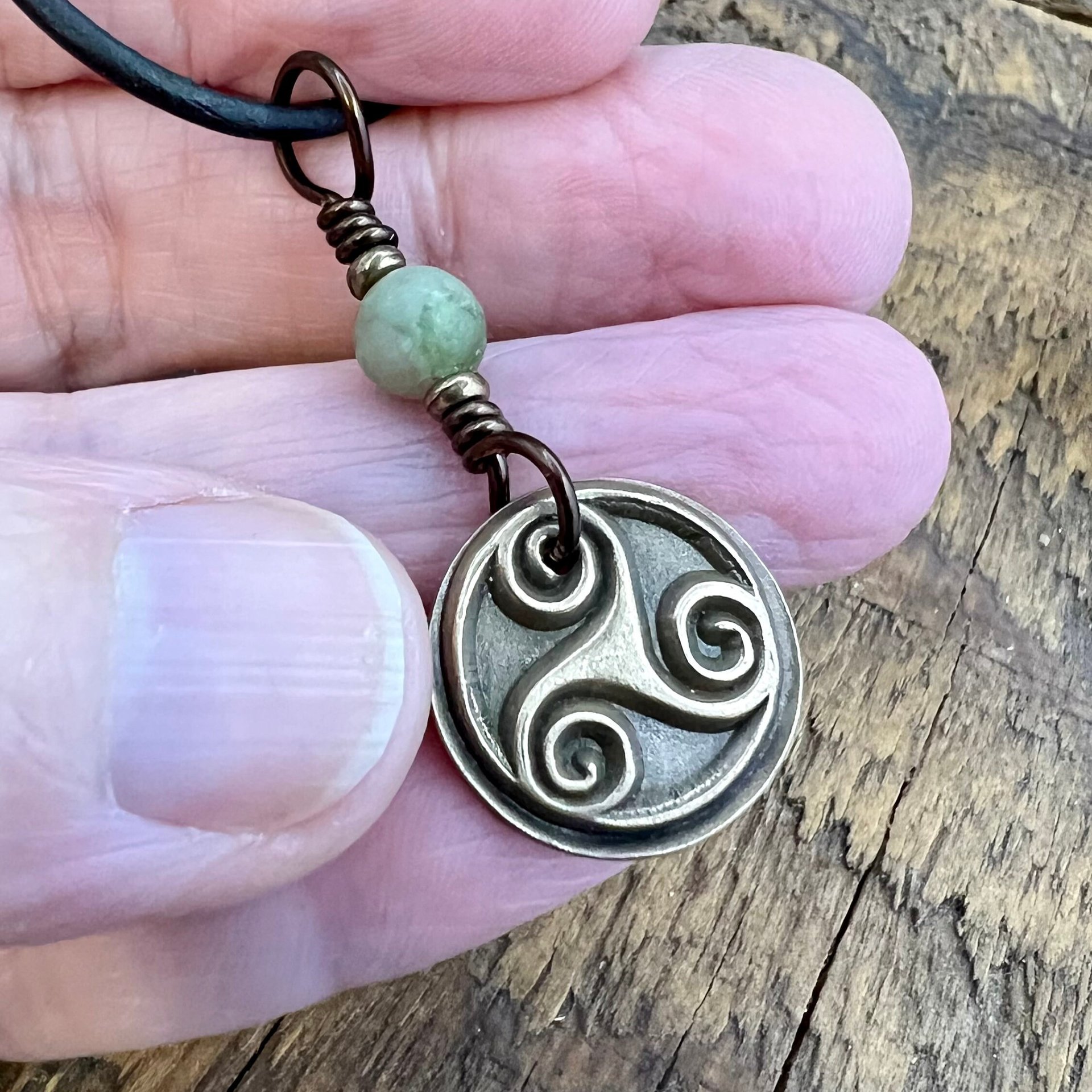Triskele Charm, Bronze Necklace, Wax Seal Charm, Connemara Marble, Irish Celtic Pagan, 8 Anniversary, Celtic Witch, Triskelion Triple Spiral
