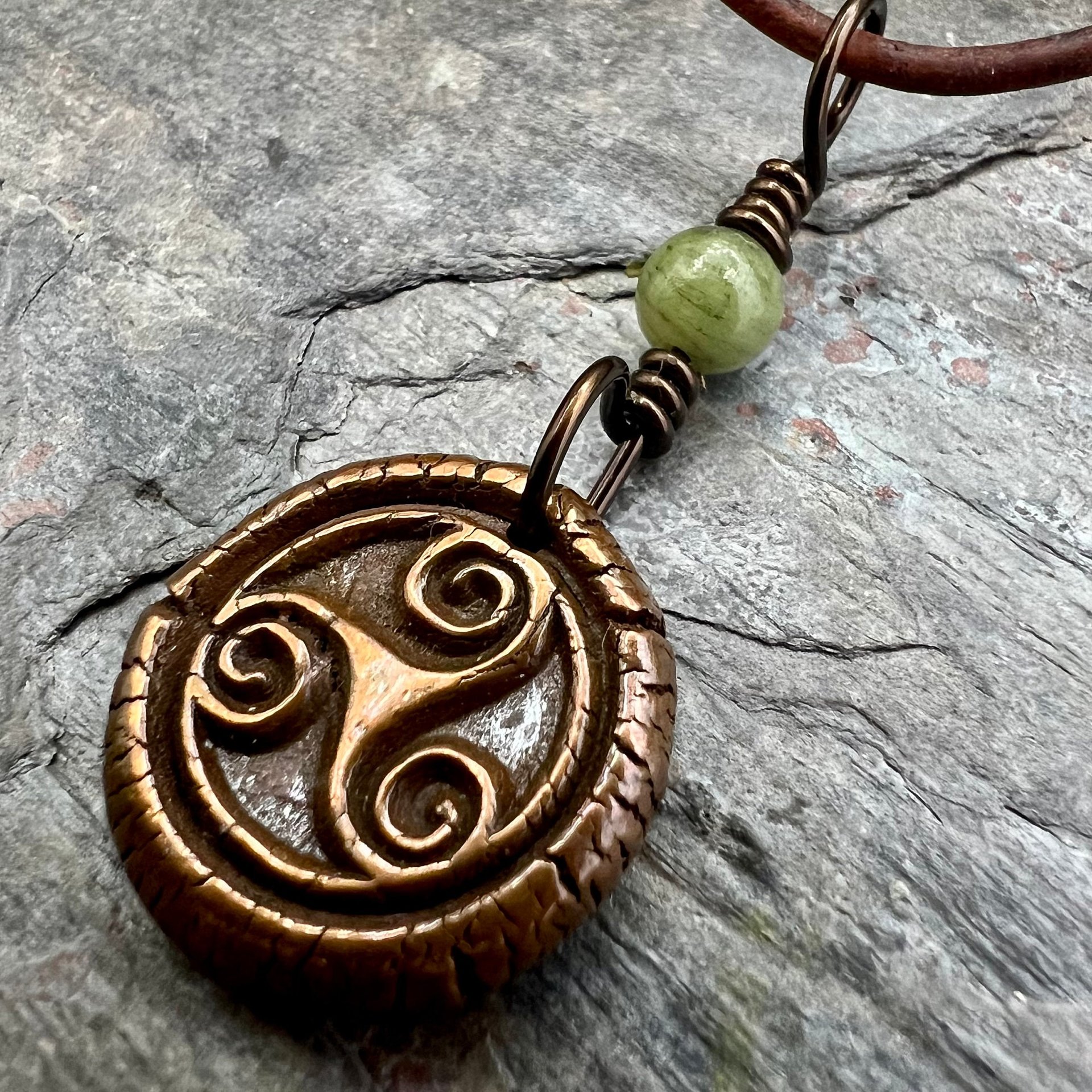 Triskele Charm, Copper Necklace, Wax Seal Charm, Connemara Marble, Irish Celtic Pagan, 7 Anniversary, Celtic Witch, Triskelion Triple Spiral