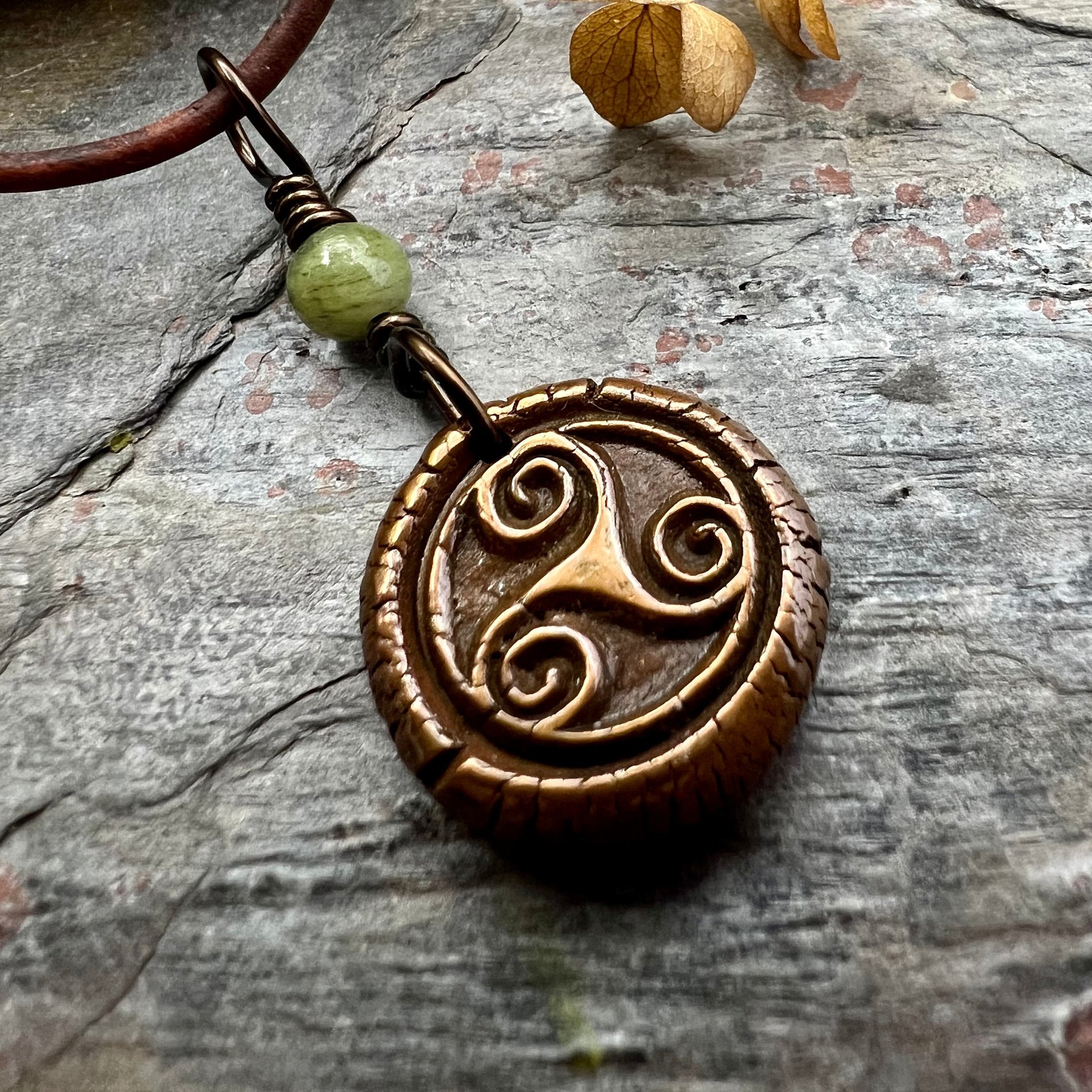Triskele Charm, Copper Necklace, Wax Seal Charm, Connemara Marble, Irish Celtic Pagan, 7 Anniversary, Celtic Witch, Triskelion Triple Spiral