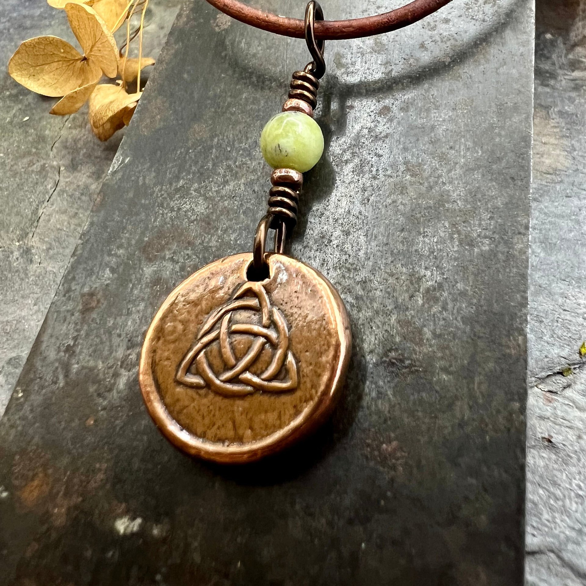 Copper Trinity Knot, Triquetra, Wax Seal Charm, Connemara Marble, Irish Celtic Jewelry, Pagan, 7th Anniversary, Triple Goddess, Celtic Witch