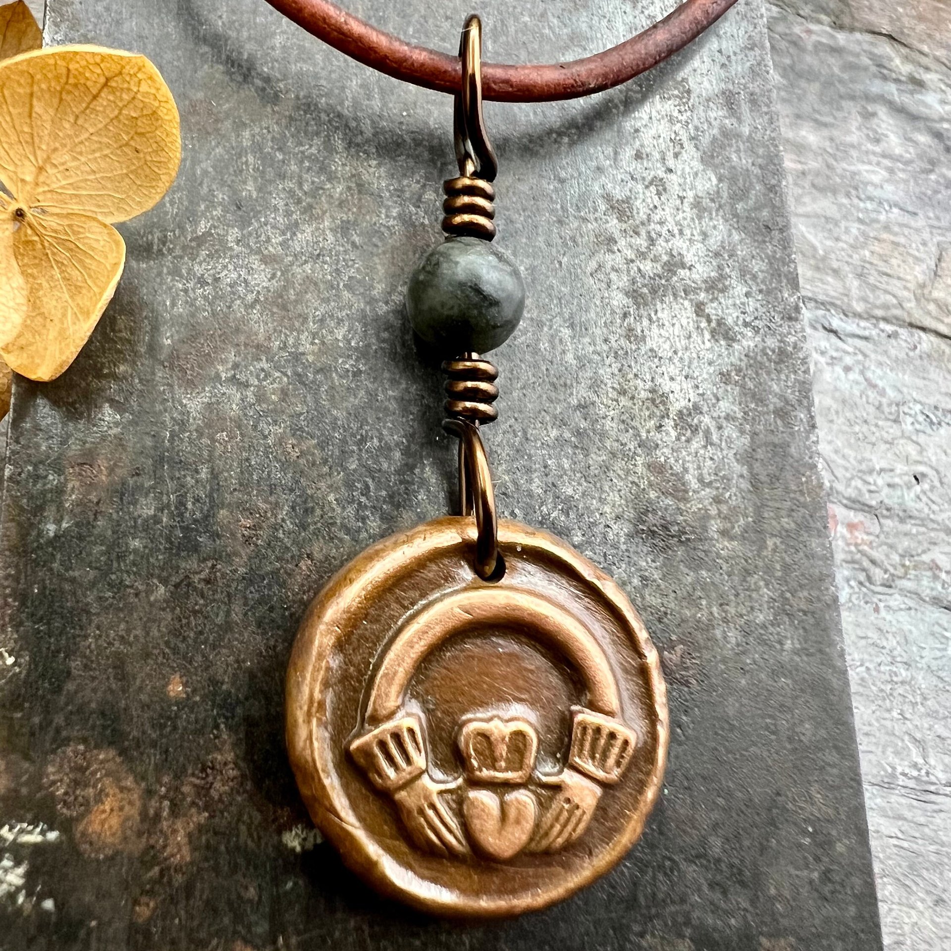Copper Claddagh Charm, Wax Seal Charm, Kilkenny Marble, Irish Celtic Jewelry, Pagan, 7th Anniversary, Love, Friendship, Loyalty, Handmade