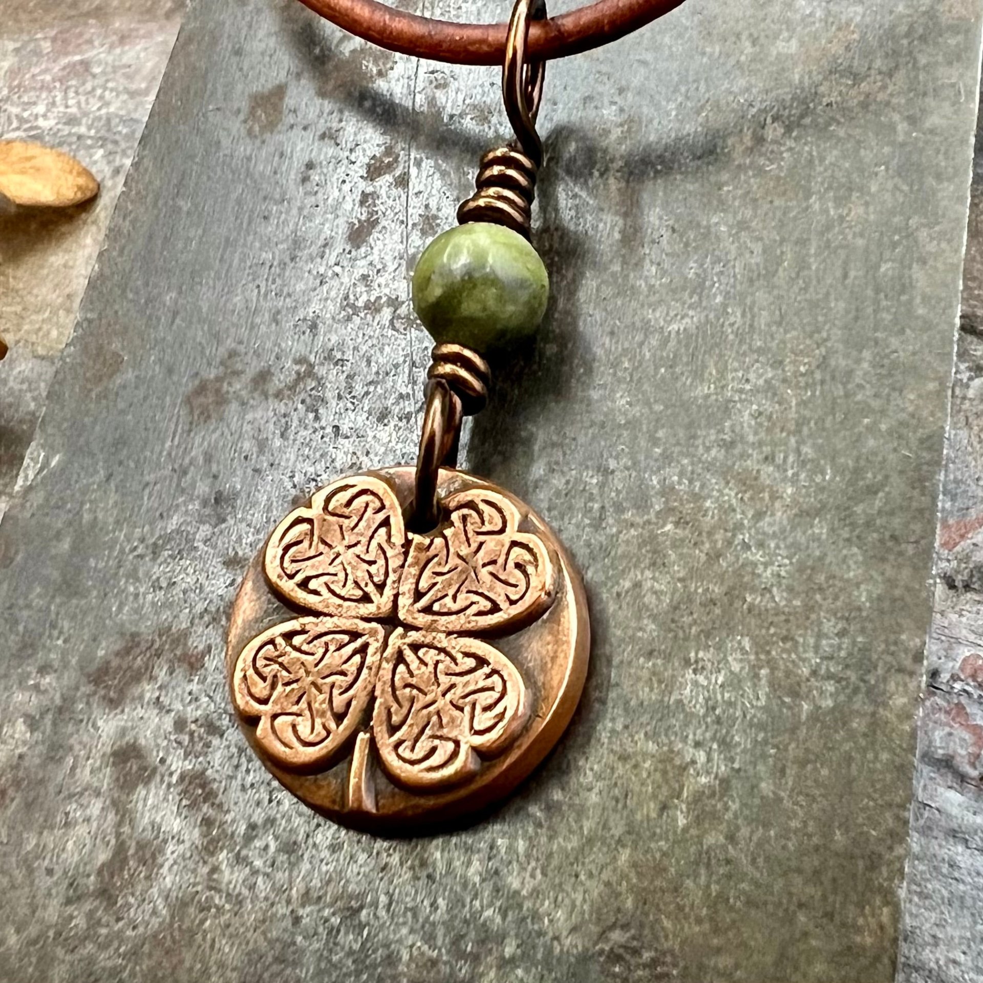 Four Leaf Heart Clover, Copper Wax Seal Charm, Connemara Marble, Irish Celtic Jewelry, 4 Leaf Clover, Lucky Charm, Leather & Vegan Cords