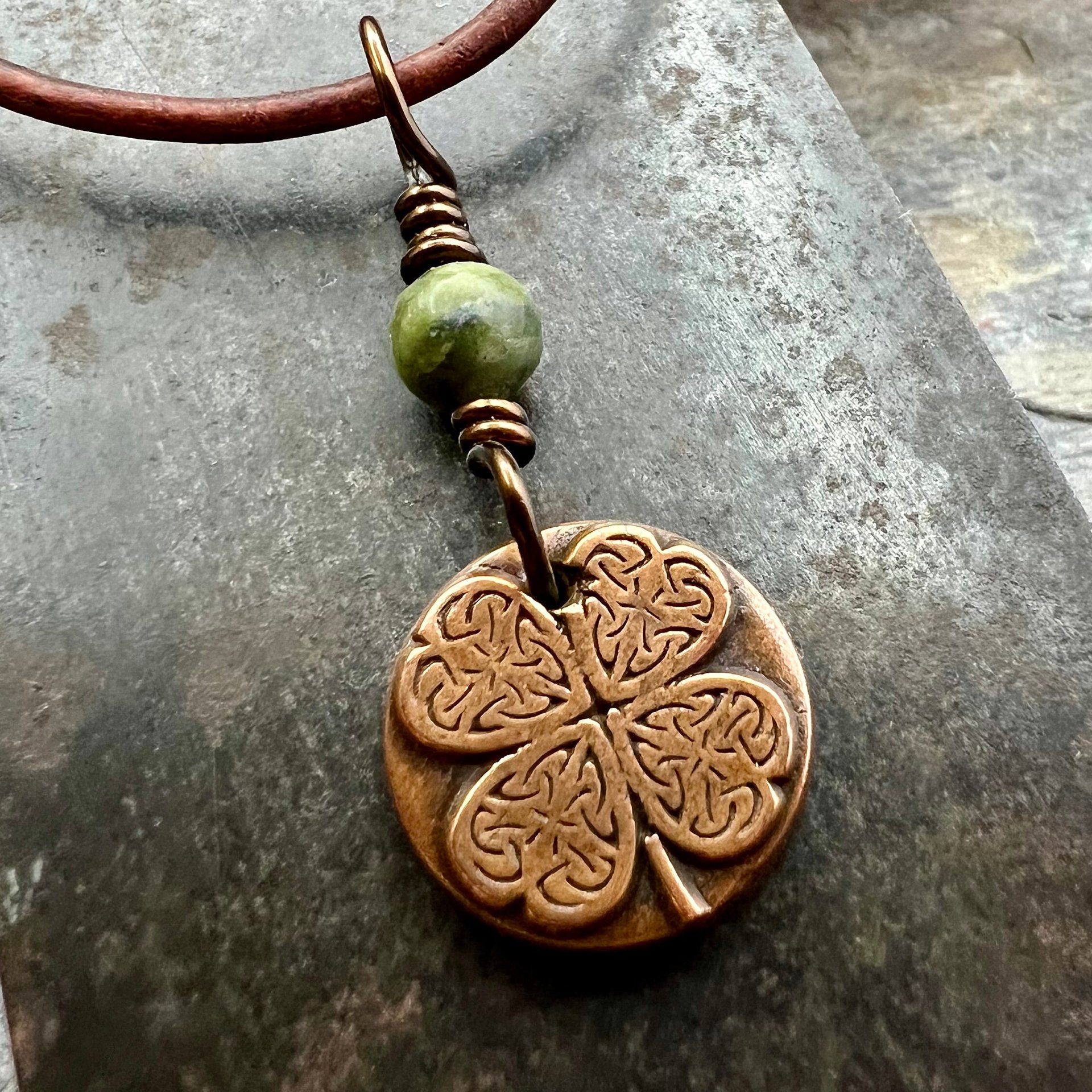 Four Leaf Heart Clover, Copper Wax Seal Charm, Connemara Marble, Irish Celtic Jewelry, 4 Leaf Clover, Lucky Charm, Leather & Vegan Cords