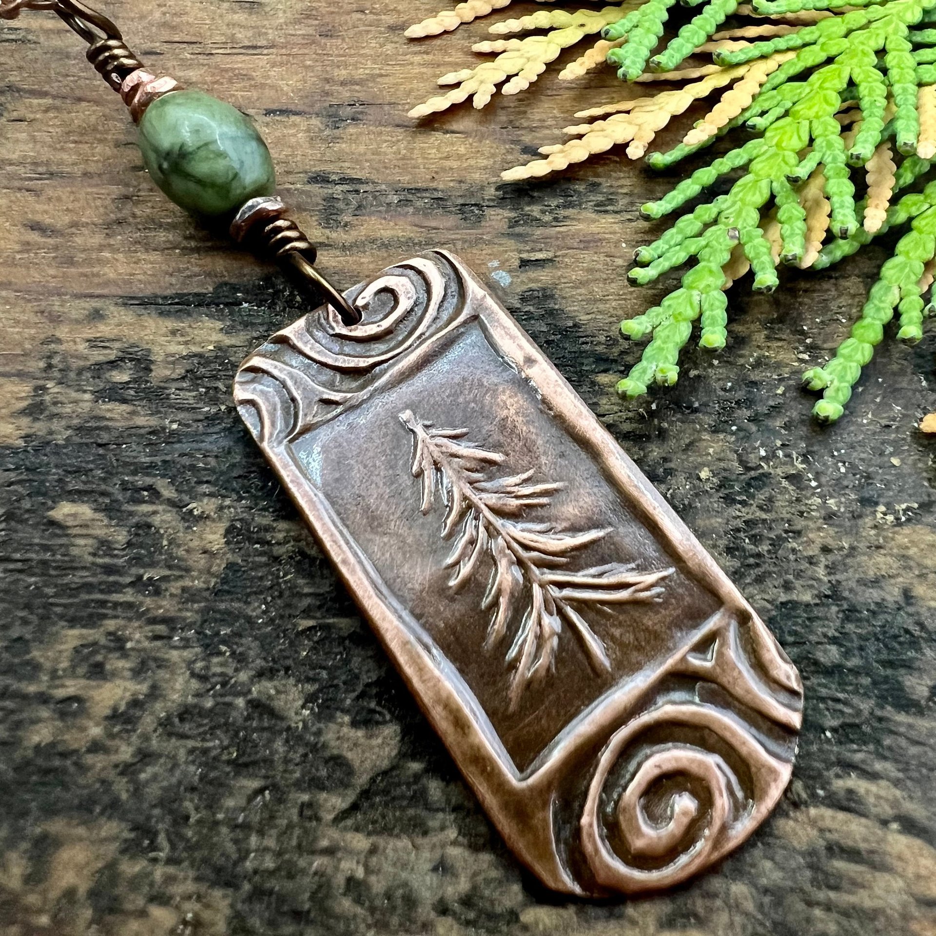 Pine Tree, Copper Pendant, Celtic Spirals, Connemara Marble, Evergreen Trees, Earthy Rustic Art Jewelry, Hand Carved, Tree of Life, Pagan